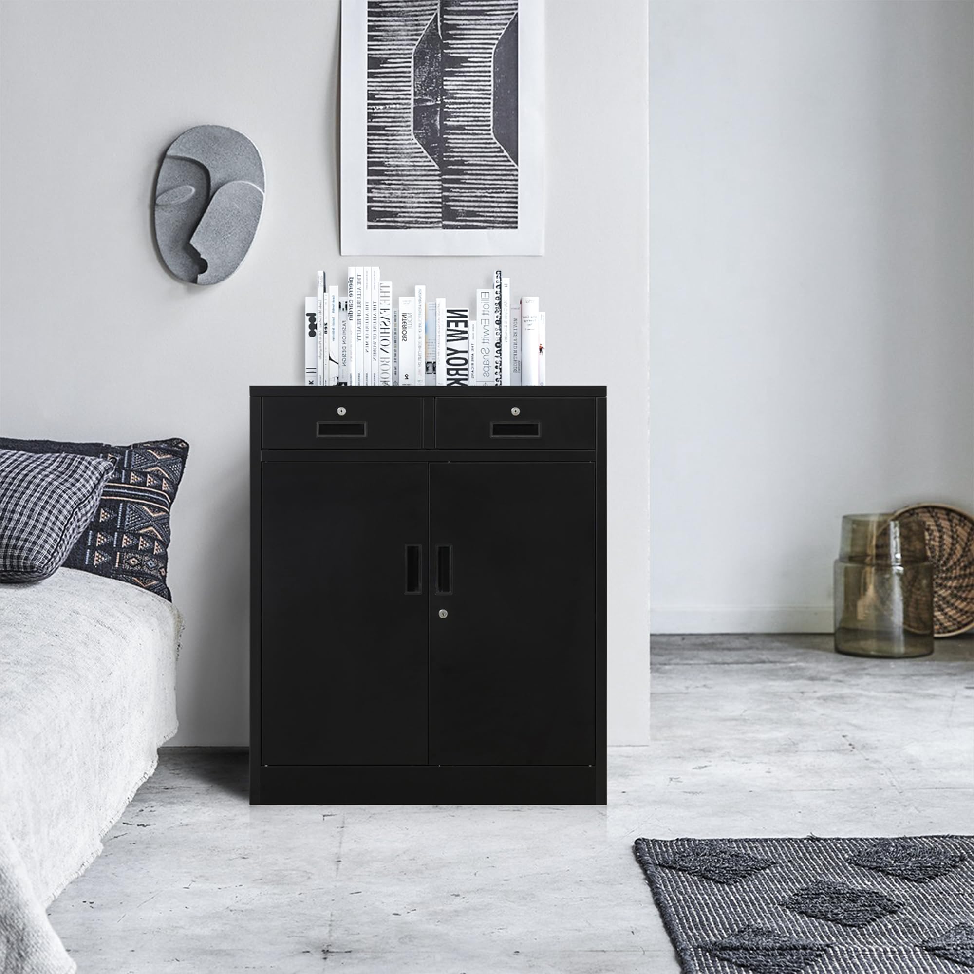 Lockable 2-Drawer Steel Storage Cabinet with Doors & Shelves - 37