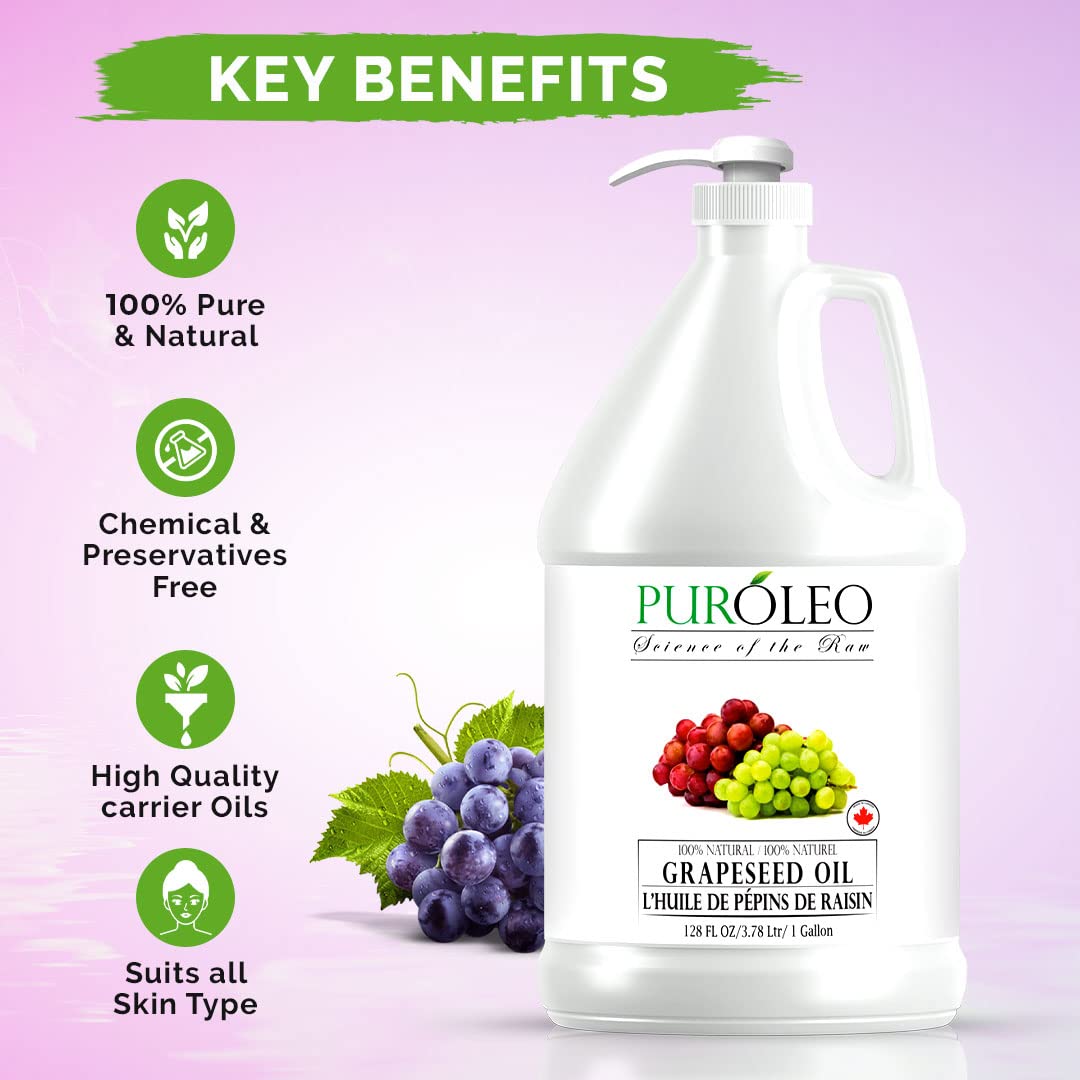 100% Pure Grapeseed Oil 128 Fl Oz (1 Gallon) - 3784ml Natural Moisturizer & Carrier Oil for Massage, Hair Care, Skin & Baby | Packed in Canada | Perfect for Aromatherapy, DIY Beauty & Cooking