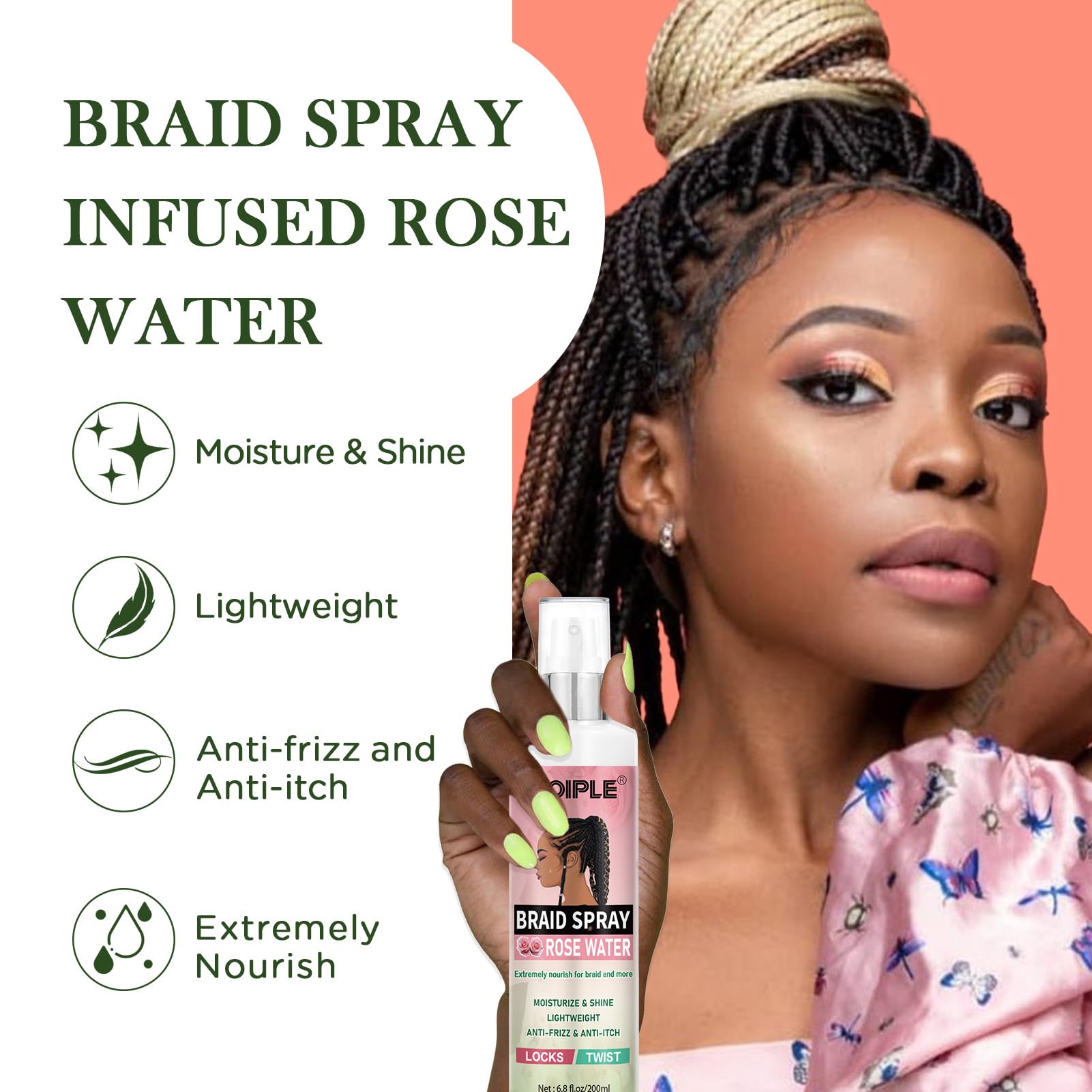 Organic Rose Mint Braid Spray (6.8 fl oz) - Dreadlock Moisturizer for Itchy Scalp, Adds Shine & Hydration - Lightweight Formula for Dreads, Twists, Cornrows & Box Braids - Perfect for Daily Hair Care & Protective Styling