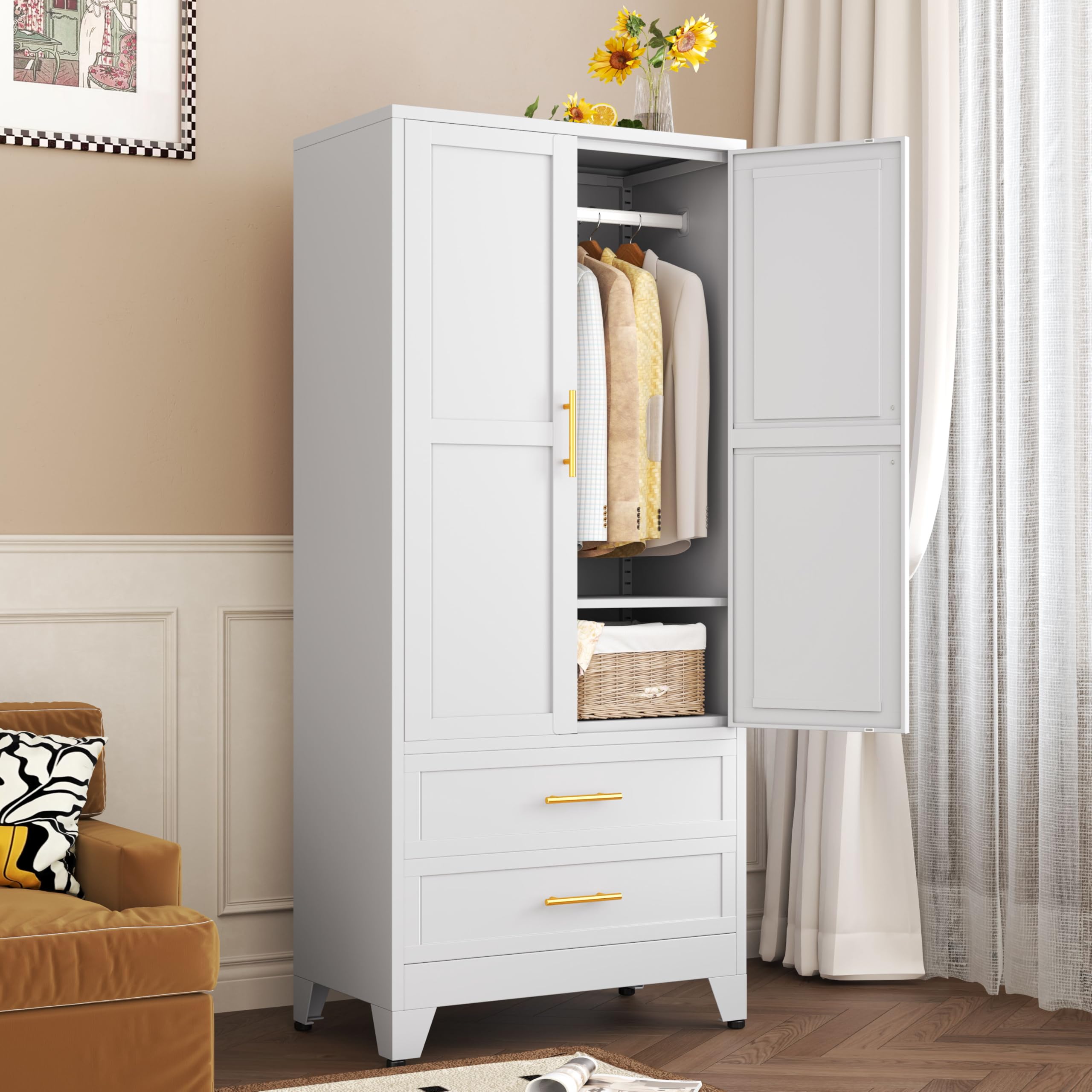 White Metal Armoire Wardrobe Closet with 2 Drawers, Hanging Rod & Adjustable Shelves - 71