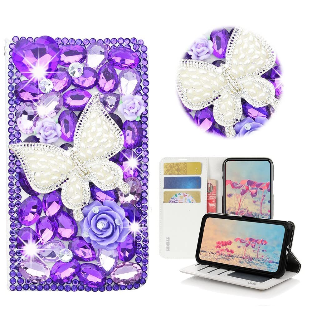 STENES Bling Wallet Phone Case for iPhone 11 - 3D Handmade Pearl Butterfly Floral Leather Cover with Screen Protector & Neck Strap - Purple | Perfect for Parties, Weddings & Everyday Use