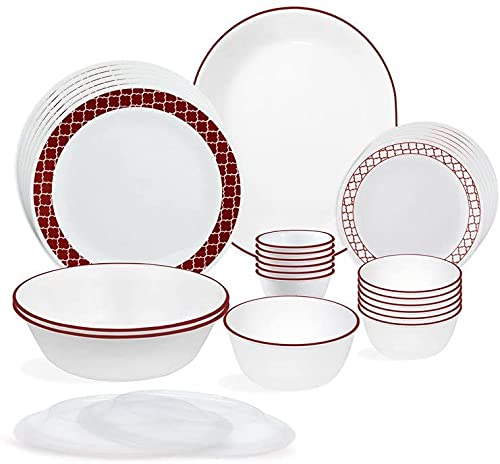 Corelle Essential Series Crimson Trellis 30-Piece Dinner Set - Durable Glass Plates, Bowls & Mugs - Microwave & Dishwasher Safe - Perfect for Family Dinners, Entertaining & Everyday Use