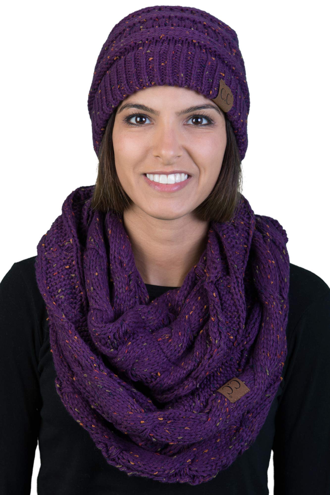 Funky Junque Matching Slouchy Beanie & Infinity Scarf Set (Pack of 2) - Confetti Purple | Winter Accessories for Women, Cozy Outfit Combo for Cold Weather Fashion