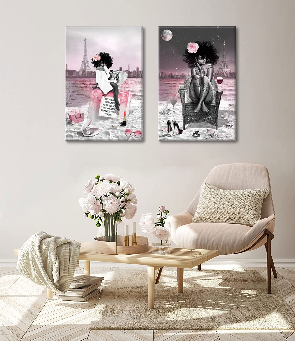 2 Pieces African American Black Girl Wall Art - Modern Pink & Black Fashion Painting of Beach & Paris Eiffel Tower - Unframed Poster Prints for Bedroom, Bathroom, Living Room & Girls Room Decor - Perfect for Home, Office & Gift Giving