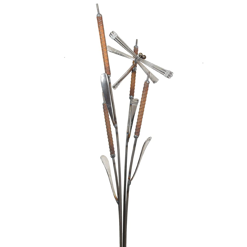 American Made Rusty Cattails Garden Stake with Dragonfly Sculpture – 34