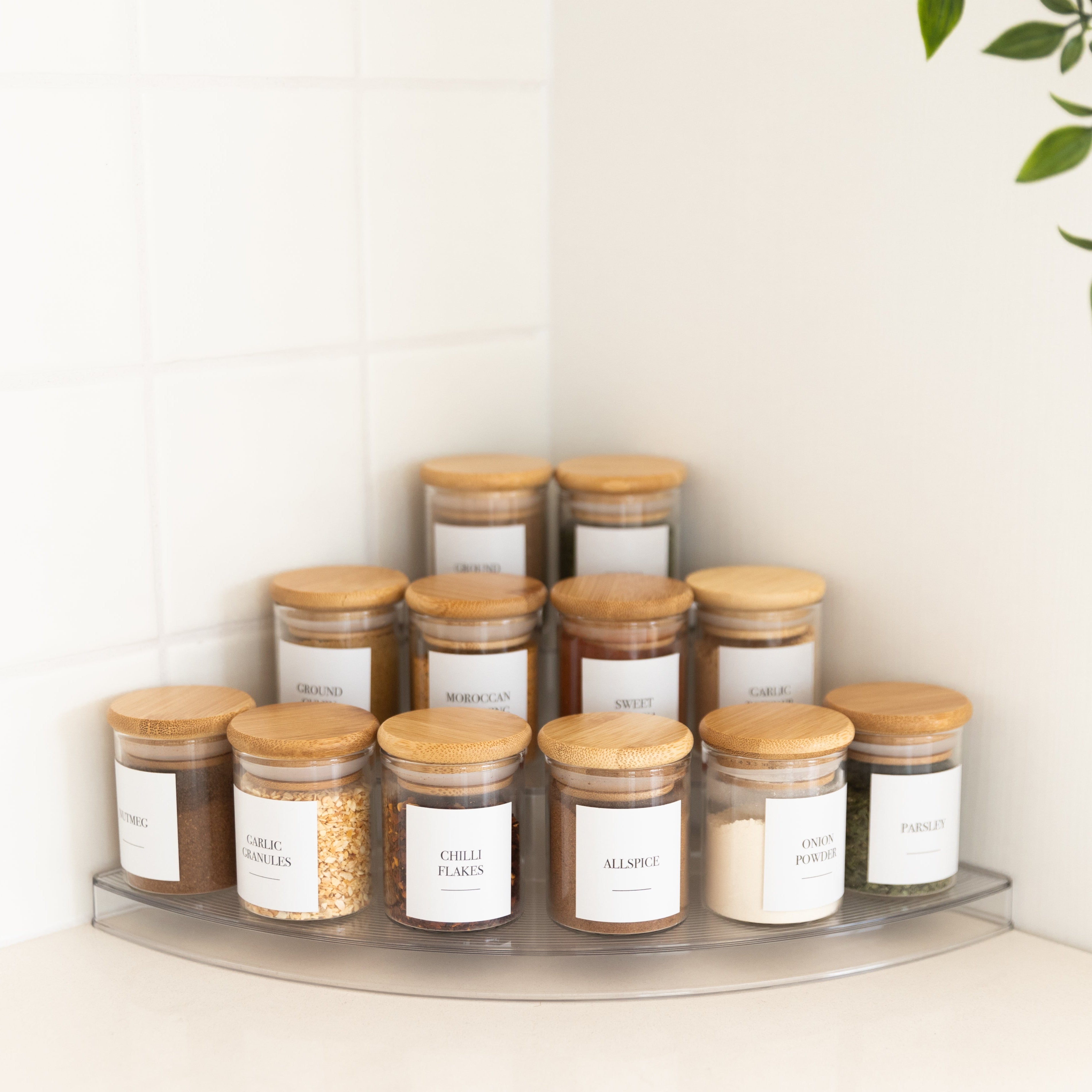 Clear 3-Tier Corner Spice Rack Organizer with 12x 75ml Glass Jars - Space-Saving Kitchen Storage for Spices, Herbs & Seasonings - Perfect for Small Kitchens, Pantries & Countertop Organization