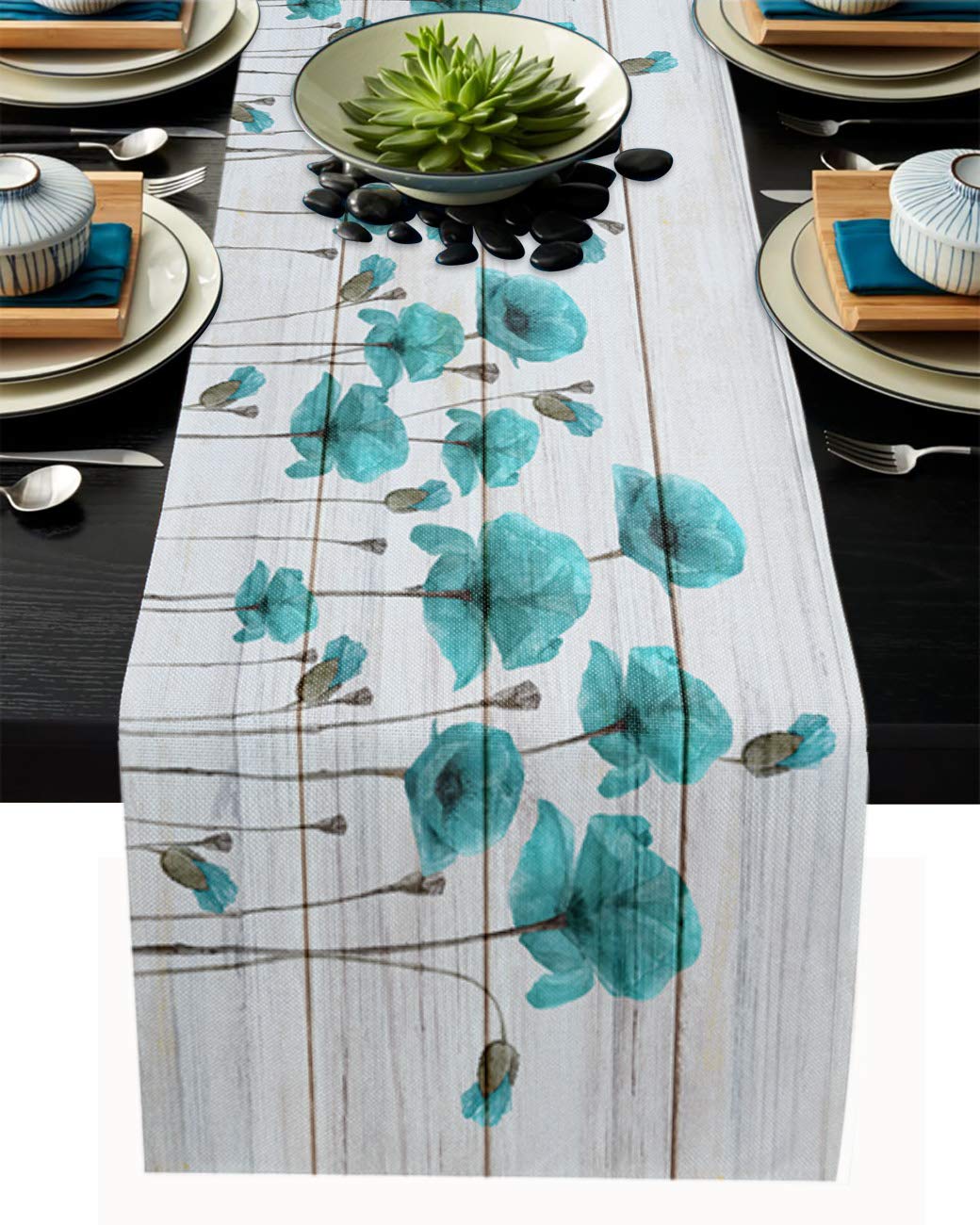 LooPoP Poppy Flower Rustic Retro Wood Table Runner - 36 Inch Cotton Linen Farmhouse Decor for Wedding, Holiday & Dining Table - Light Blue Vintage Table Scarf for Rustic Home & Party Decoration