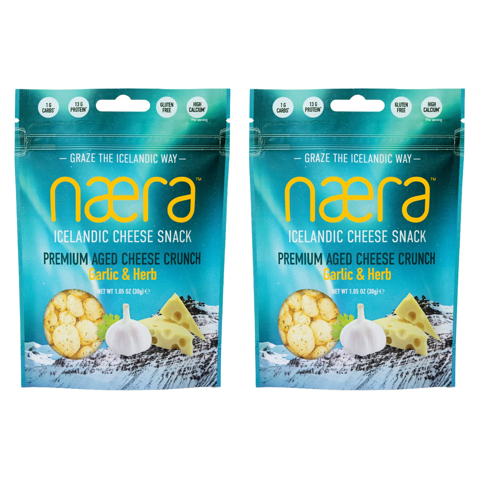 Næra Icelandic - 2-Pack Garlic & Herb Aged Cheese Crunch Protein Snacks (1.05 oz each) | High-Protein, Natural Keto Snacks for Adults & Kids | Perfect for On-the-Go, Lunch Boxes & Healthy Snacking