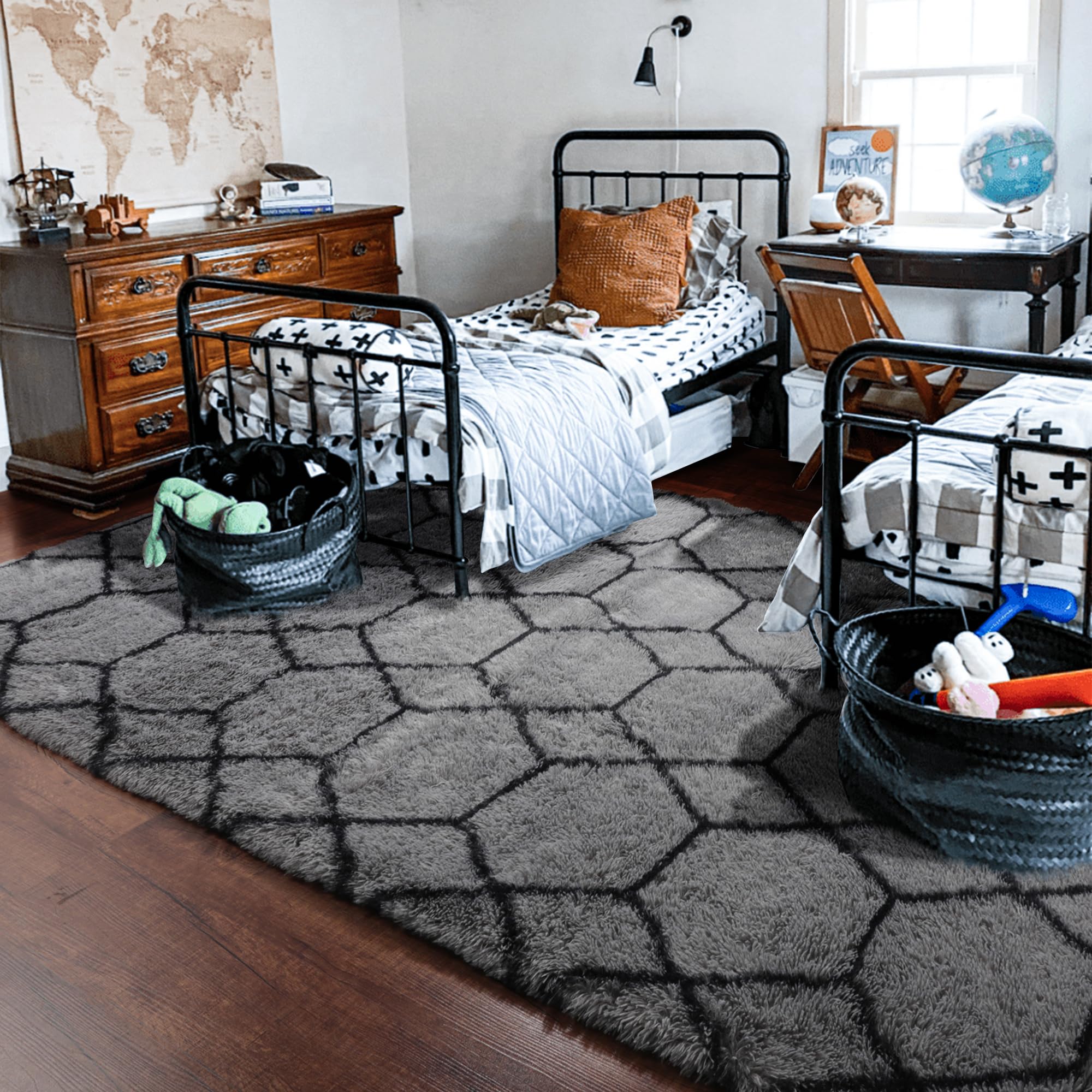 ONASAR 8x10 Fluffy Shaggy Area Rug - Soft Plush Geometric Boho Carpet for Living Room, Bedroom, Nursery, Kids Room, Playroom & Dorm Decor - Machine Washable Grey and Black Fuzzy Floor Mat (Perfect for Cozy Home, Classroom & Office Spaces)