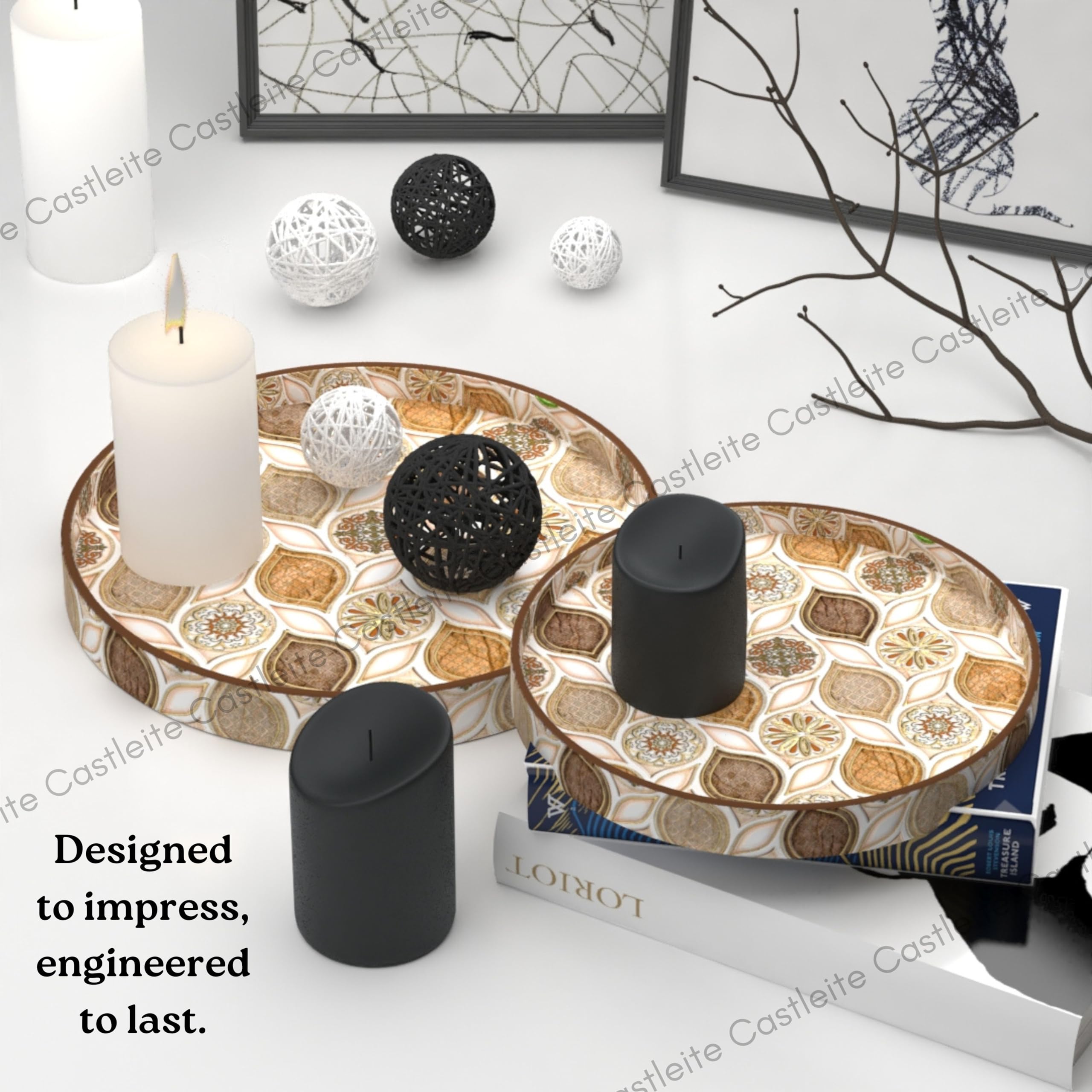 Castleite Ember Decorative Round Wooden Tray Set of 2 - Handcrafted Serving Trays for Kitchen, Dining Table, Coffee Table Decor & Storage - Epoxy Resin Coated Wood Trays (Large & Small, Hanayaka) - Perfect for Entertaining, Displaying Treats or Organizing Essentials
