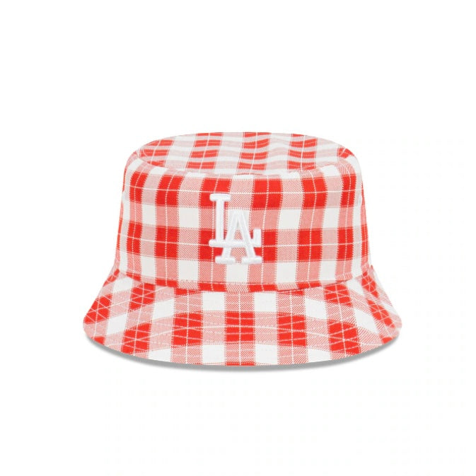 New Era LA Dodgers Plaid Scarlet Red & White Bucket Hat for Men & Women - Stylish Baseball Cap for Outdoor Sports, Beach, and Casual Wear