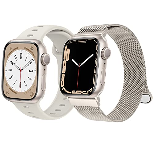 2 Pack Apple Watch Bands Compatible with Series 8/7/6/5/4/3/2/1/SE - 38mm 40mm 41mm 42mm 44mm 45mm Magnetic Milanese Loop & Soft Silicone Sport Band for Women & Men | Perfect for Workouts, Office & Everyday Wear