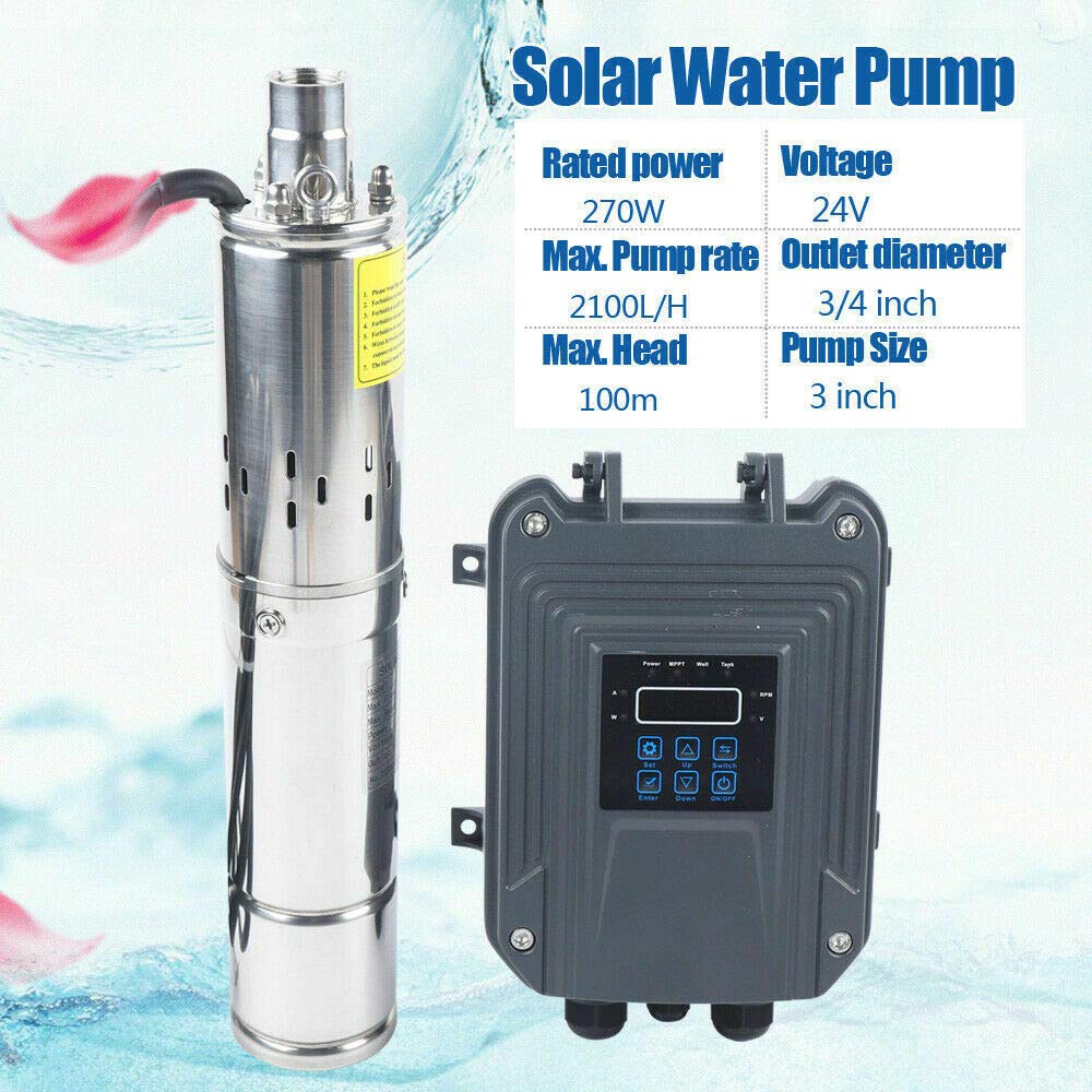 24V 270W DC Solar Water Pump Submersible Well Pump Stainless Steel with MPPT Controller - 2100L/H Max Flow for Home, Farm & Industrial Use | Irrigation, Livestock Watering & Off-Grid Water Supply