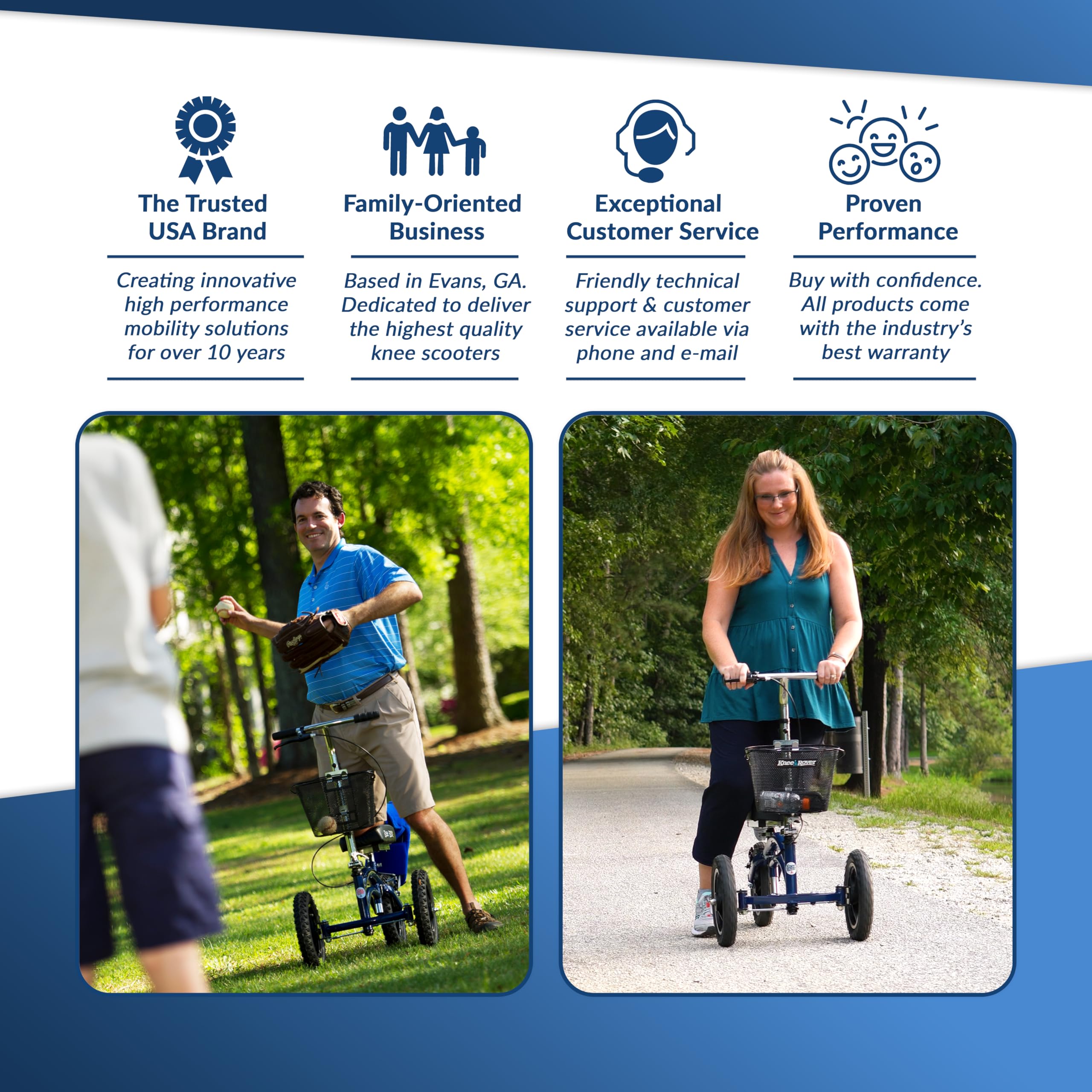 KneeRover Original Steerable All-Terrain Knee Scooter for Adults - Heavy Duty Knee Walker for Foot Surgery, Broken Ankle & Leg Injuries | Mobility Aid for Post-Surgery Recovery & Crutch Alternative (Blue) | Perfect for Indoor/Outdoor Use, Rehabilitation & Daily Mobility