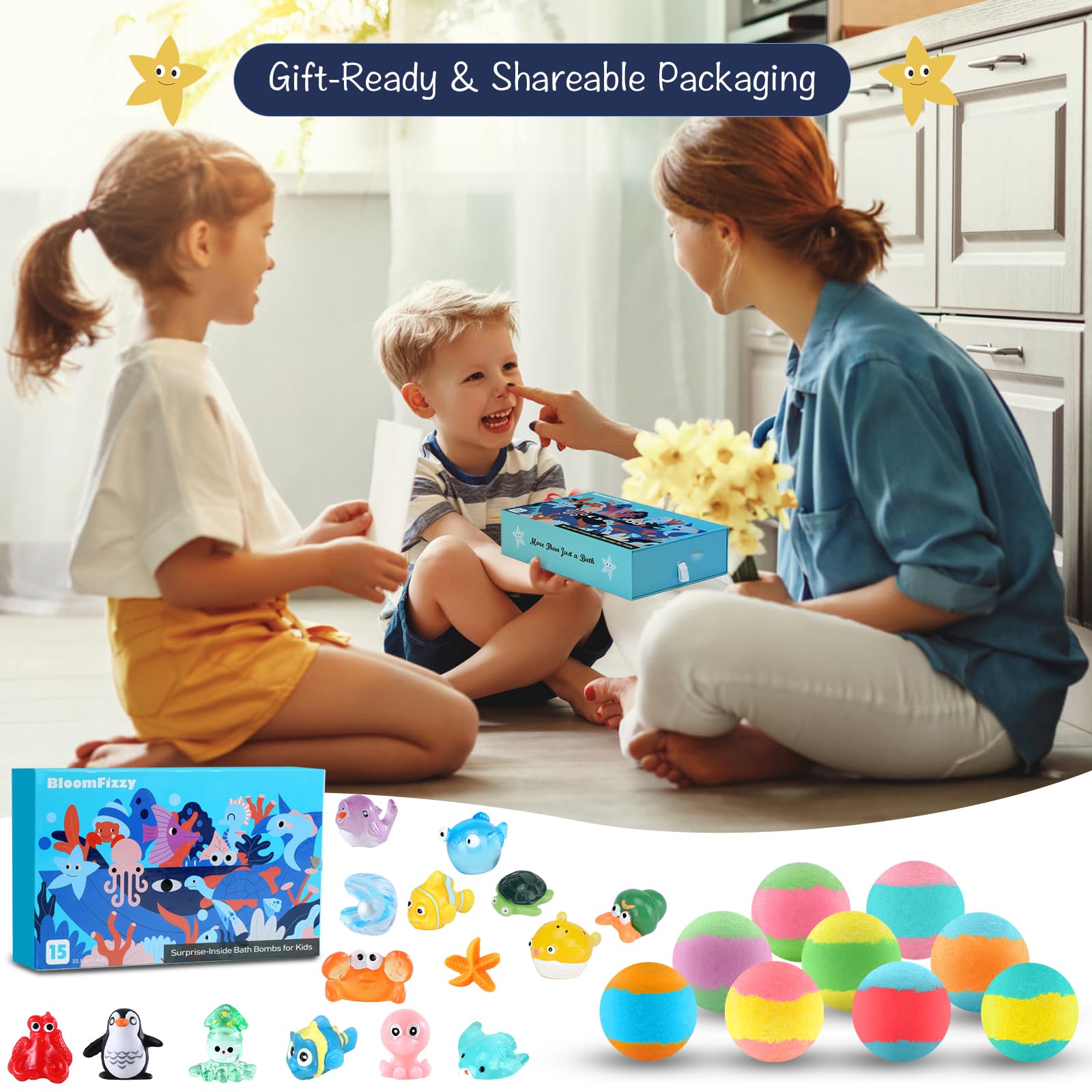 15 Pack Sea Surprise Bath Bombs for Kids - Fizzy Easter Bath Gift Set with Hidden Ocean Toys | Gentle, Scented & Kid-Safe | Fun Bath Time & Easter Basket Stuffers for Boys & Girls | Perfect for Birthday Parties, Easter Gifts & Relaxing Bath Time