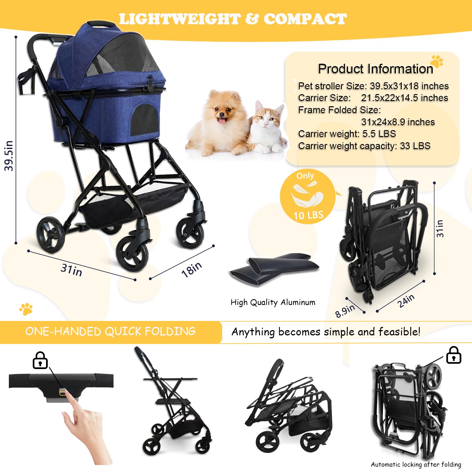 3 in 1 Dog Stroller - Lightweight Foldable Pet Carrier with 4 Wheels, Removable Travel Basket, No-Zip Canopy & Cup Holder - Perfect for Small/Medium Dogs & Cats - Ideal for Park Walks, Vet Visits & Shopping Trips - Blue