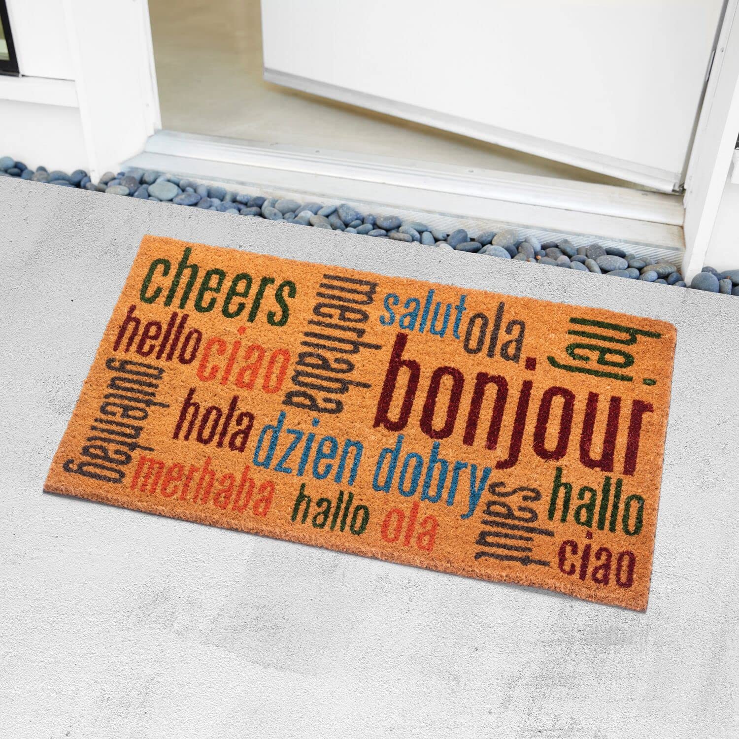 Notrax Multi-Lingual Hello Doormat - Vinyl-Backed Natural Coir Entry Mat for Indoor/Outdoor Use - 18x30 Inches (C12S1830HW) - Perfect for Home, Office & Apartment Entrances
