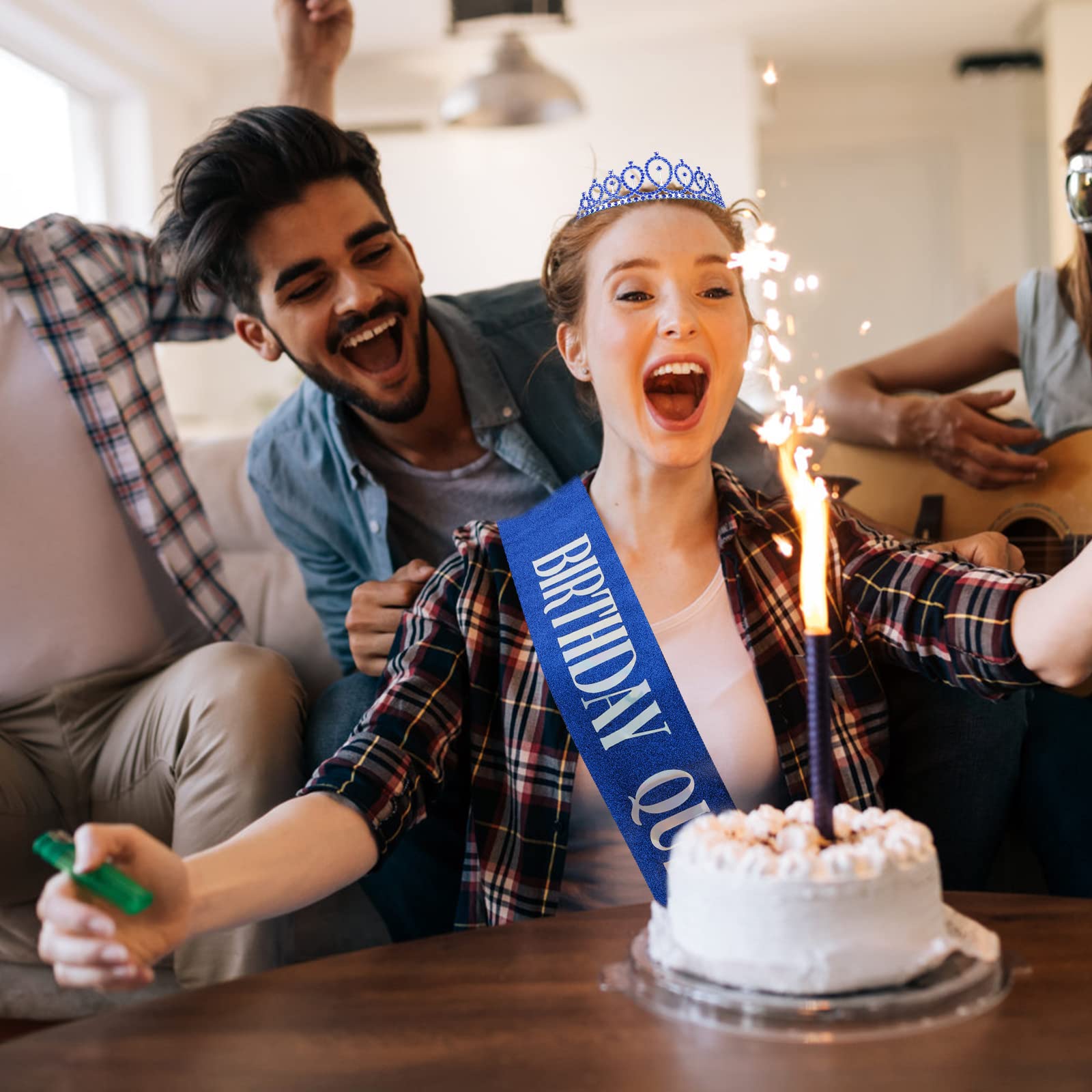 CIEHER Birthday Queen Sash & Crystal Crown Set for Women - Sparkling Rhinestone Tiara & Glitter Sash Kit for Birthday Parties, Bachelorette, Pageants & Special Events (Blue)