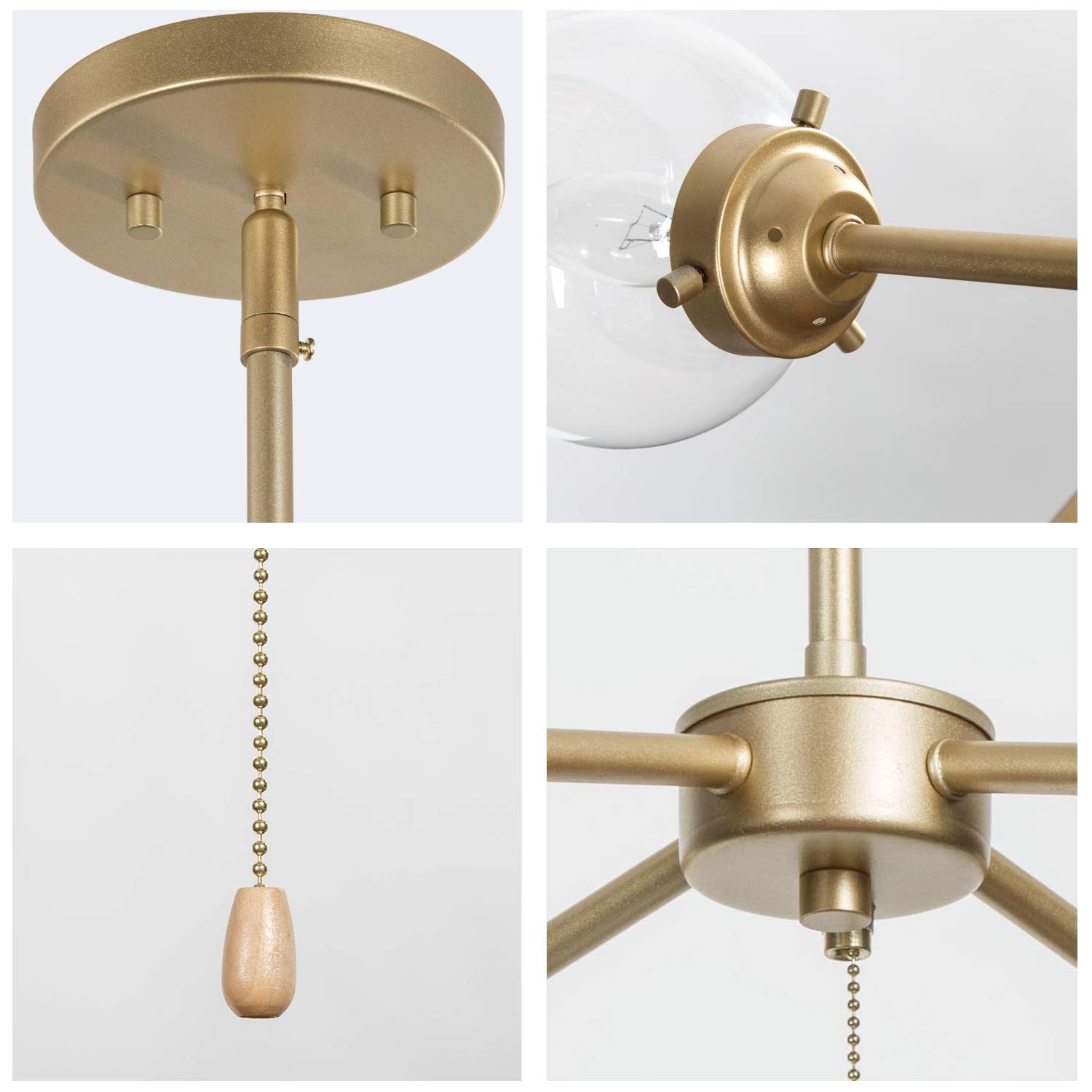 KSANA Gold Chandelier with Pull Chain On/Off Switch - 2-in-1 Sputnik Chandelier & Semi Flush Mount Ceiling Light for Dining Room (19.7