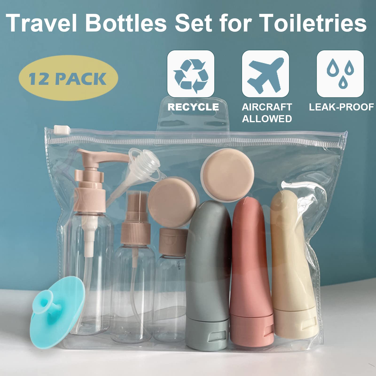 KAYZON 12-Pack TSA Approved Travel Bottles Set - Leak Proof Silicone Squeezable Spray Bottles & Jars for Shampoo, Lotion, Body Wash - Perfect for Airplane Carry-On, Gym, Camping & Vacation Toiletries