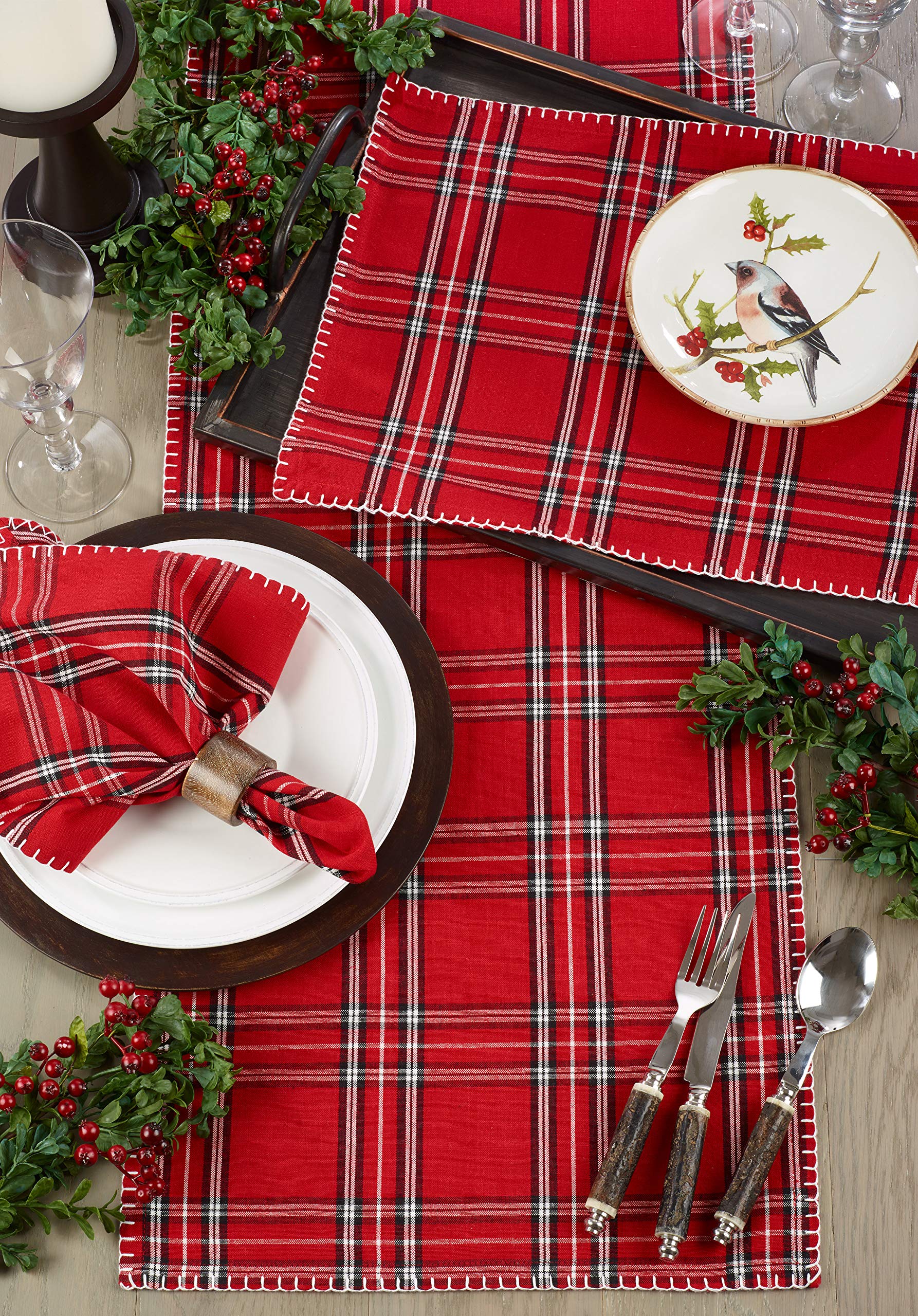 Premium Whipstitch Plaid Placemats Set of 4 - Reversible Cotton Table Mats for Dining Room, Kitchen, and Holiday Decor - Farmhouse & Rustic Home Accessories