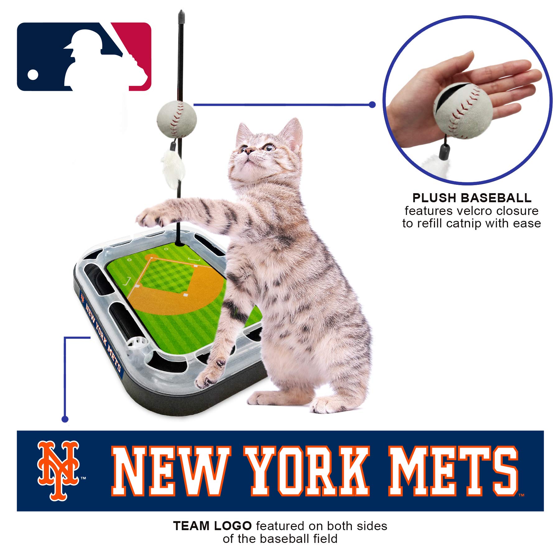 MLB New York Mets Baseball Field Cat Scratcher Toy with Interactive Ball & Bell - 5-in-1 Cat Toy Set Includes Scratching Pad, Wand with Catnip Plush Baseball & Feathers - Perfect for Playtime, Exercise & Stress Relief for Indoor Cats
