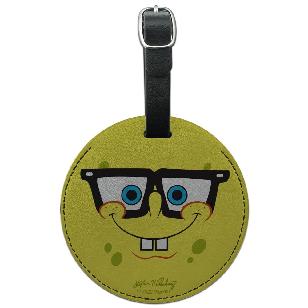 SpongeBob Nerd Face Round Leather Luggage Tag - Cute Cartoon Suitcase ID Tag for Carry-On Bags - Perfect for Travel, Backpacks & Suitcases