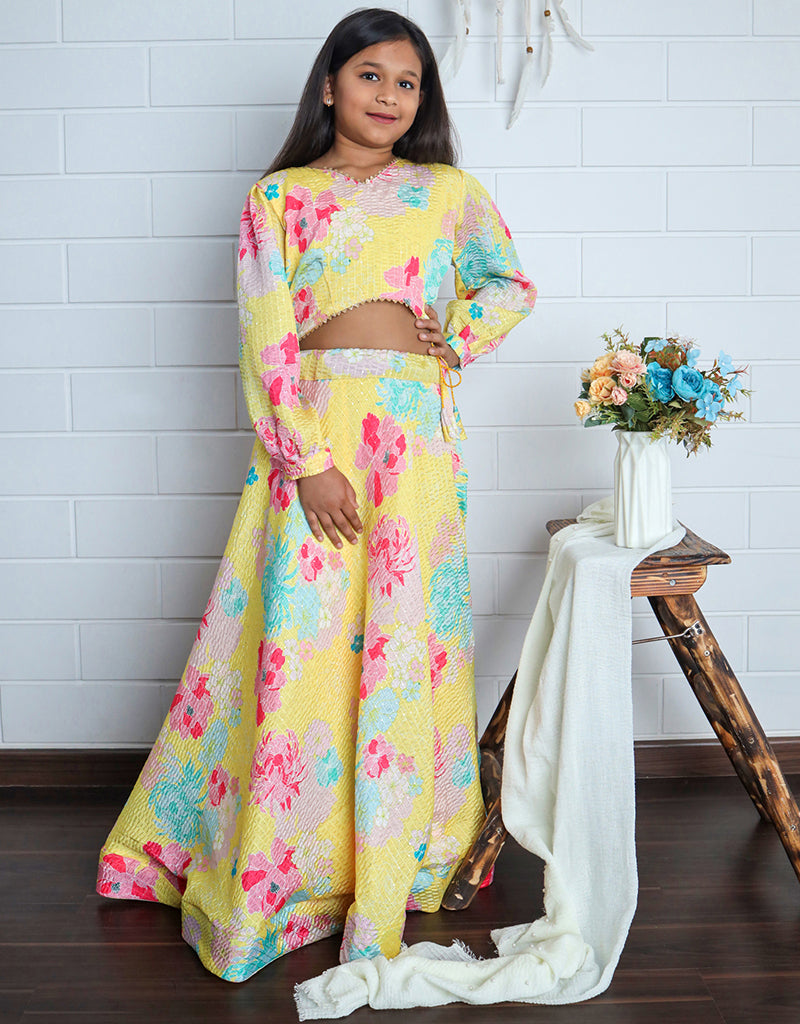 All-Season Designer Chinon Sequins Crochet Digital Print Kids Lehenga Choli Set in Yellow - Perfect for Festivals, Weddings & Special Occasions