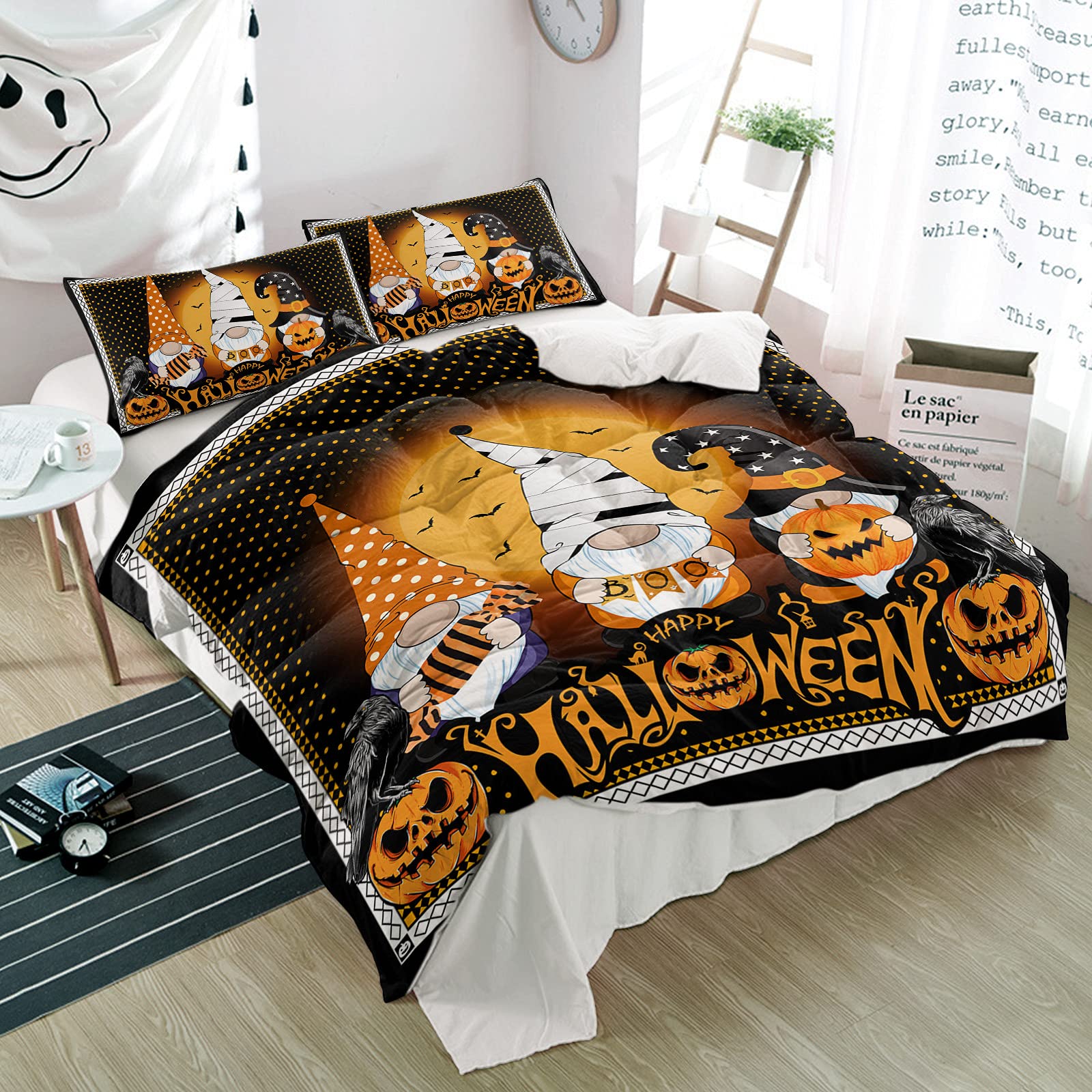 Happy Halloween Duvet Cover Set - 3 Piece Luxury Microfiber Bedding with Pumpkin, Crow & Moon Bat Design - Super Soft Full/Queen Quilt Cover & Pillowcases for Kids, Men & Women - Perfect for Spooky Bedroom Decor & Halloween Party Themes