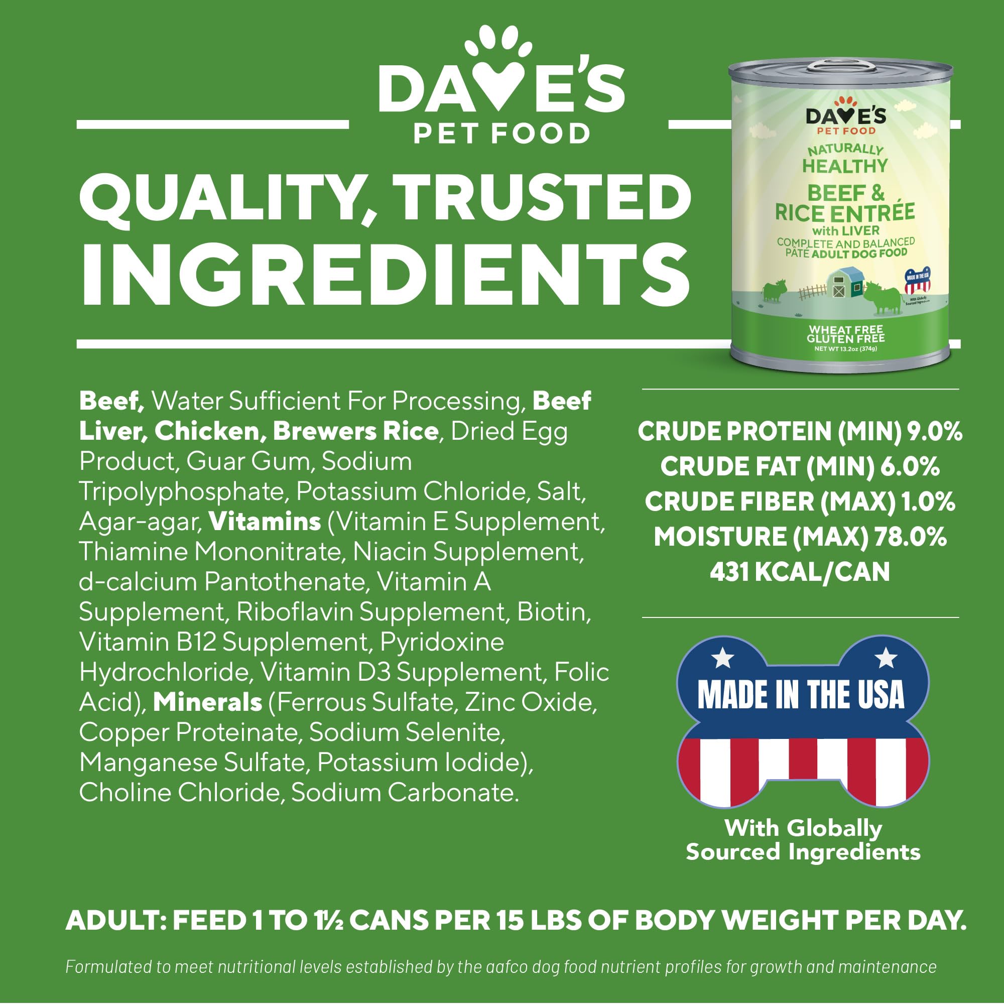 Dave's Pet Food Wet Dog Food - Beef & Rice Recipe, Made in USA, All-Natural, Gluten-Free Canned Dog Food Topper, 13.2 oz (12 Pack) - Perfect for Picky Eaters & Senior Dogs with Sensitive Stomachs