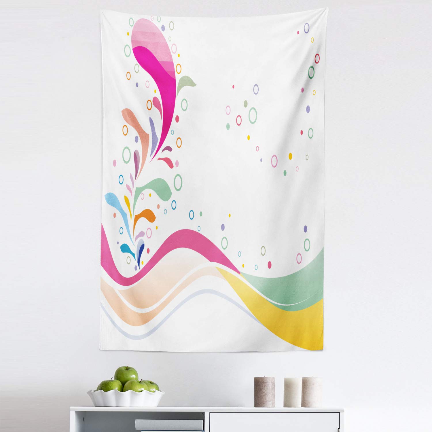 Ambesonne Floral Tapestry King Size - Vivid Bubbles Circular Dots with Flower Leaves Design - Wall Hanging Bedspread, Bed Cover & Wall Decor - 30