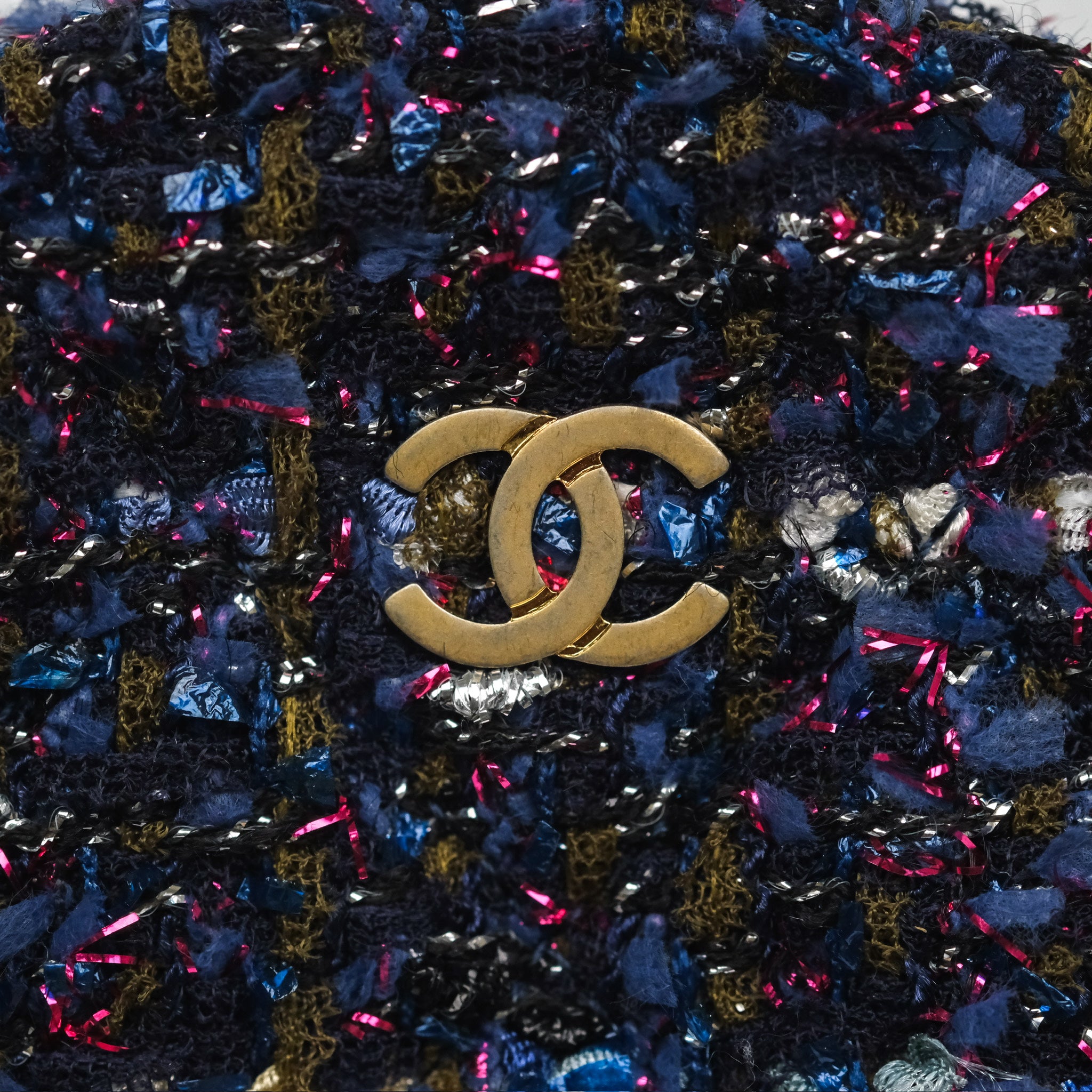 Chanel Navy Purple Tweed Round Clutch Bag with Chain & Aged Gold Hardware - Elegant Evening Clutch for Parties, Weddings & Special Events