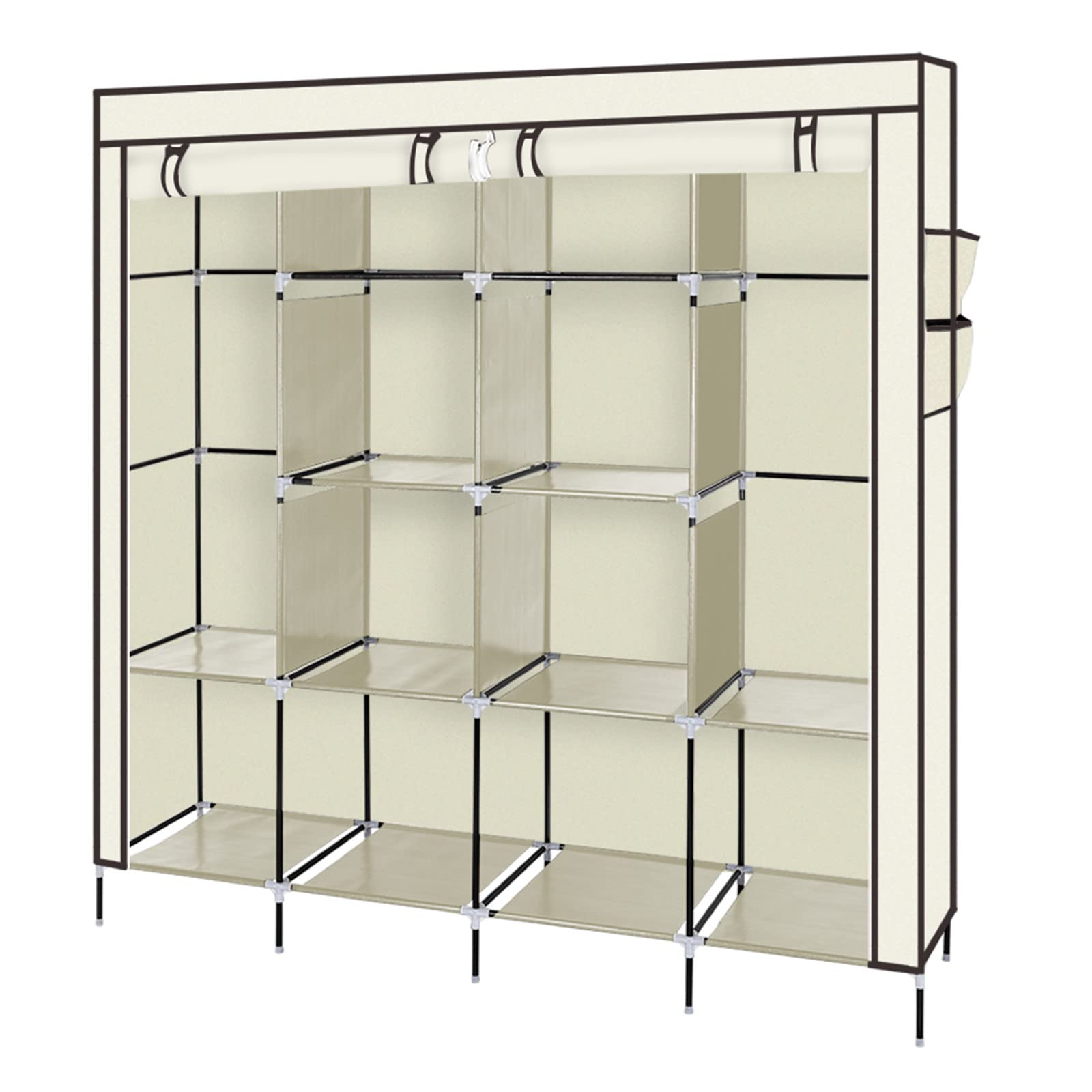 Mushugu 67 Inch Portable Closet Wardrobe with 12 Shelves & 4 Side Pockets - Beige Clothes Storage Organizer for Bedroom, Living Room, Dorm, Apartment - Perfect for Seasonal Clothing & Accessory Storage