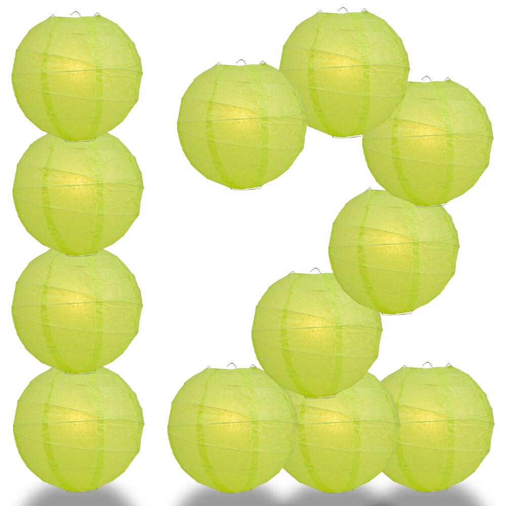 12 Pack 24 Inch Light Lime Green Free Style Ribbing Round Paper Lanterns for Party Decorations, Wedding, Birthday, Festival & Home Decoration