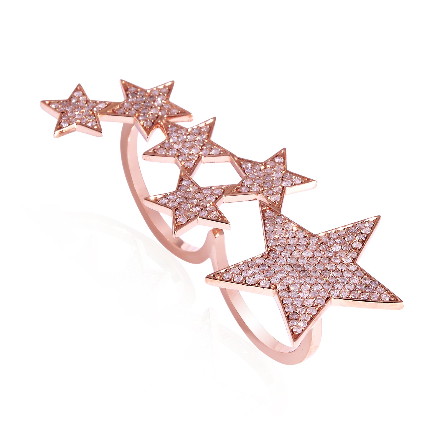 18K Rose Gold Pave Natural Diamond Star Design Two Finger Ring for Women - Elegant Stackable Jewelry for Parties, Weddings & Special Occasions