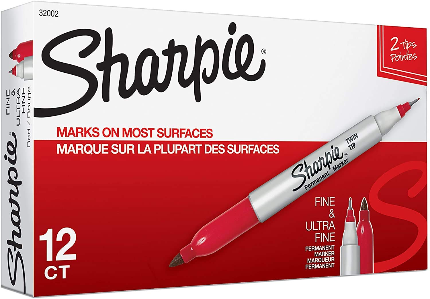 Sharpie Twin Tip Fine & Ultra Fine Permanent Markers, 12-Pack - Red for Office & Art Projects