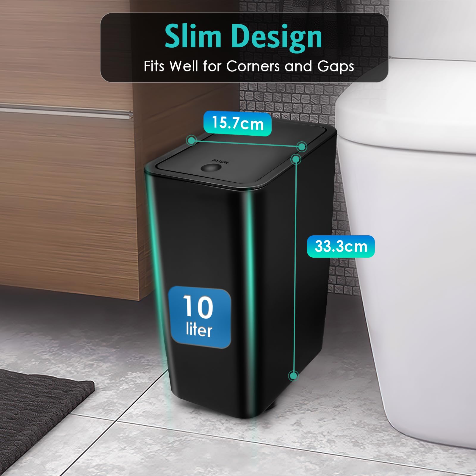 3 Pack Small Bathroom Trash Can with Lid - 10L/2.6 Gallon Slim Garbage Bin, Pop-Up Lid Trash Can, Plastic Waste Basket for Kitchen, Bedroom, Office & Dorm - Fits Under Sink, Desk & Cabinet - Perfect for Small Spaces, Bathrooms & Home Organization (Black)