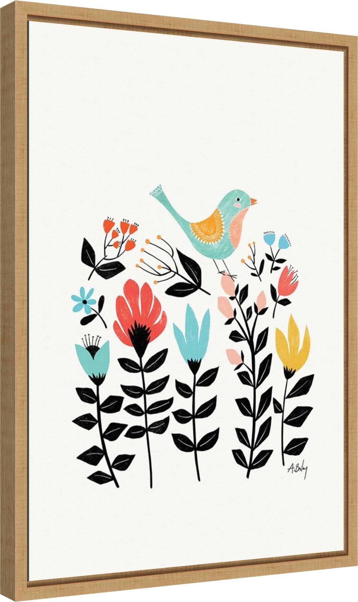 Amanti Art Framed Canvas Wall Art - 23x16 Folk Art Garden (Bird) by Annie Bailey - Modern Animal Artwork for Home Decor - Perfect for Living Room, Bedroom & Bathroom - Handmade Framed Poster Painting for Wall Decoration