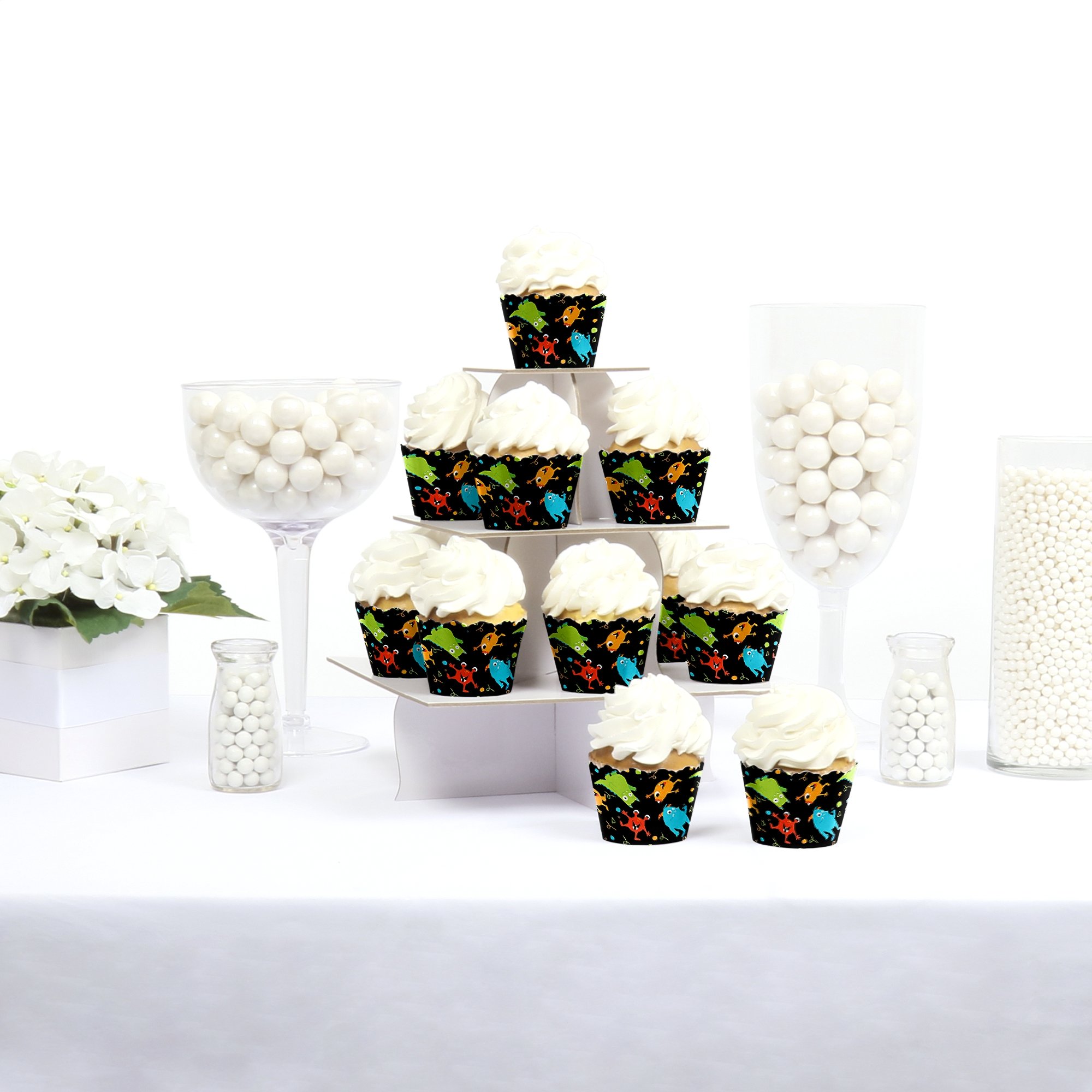 Big Dot of Happiness Monster Bash Party Decorations - 12-Pack Little Monster Cupcake Wrappers for Birthday Parties & Baby Showers - Perfect for Kids' Birthday Decor, Baby Shower Themes, and Monster-Themed Celebrations