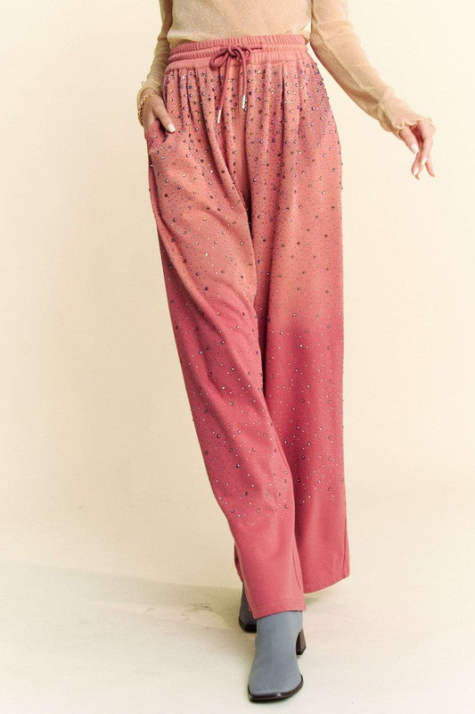 Sparkly Rhinestone Drawstring Wide Leg Pants for Women - Comfortable High Waist Lounge Pants for Casual Wear, Party, and Night Out