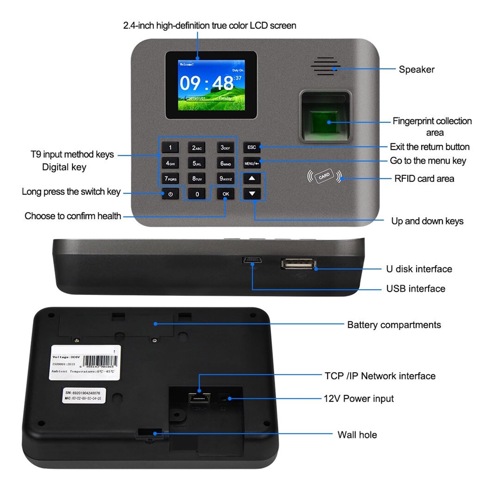 2.4 Inch Biometric Fingerprint & RFID Time Attendance System - Employee Check-in/Check-out Device with Software for Office, Factory & School Security Management