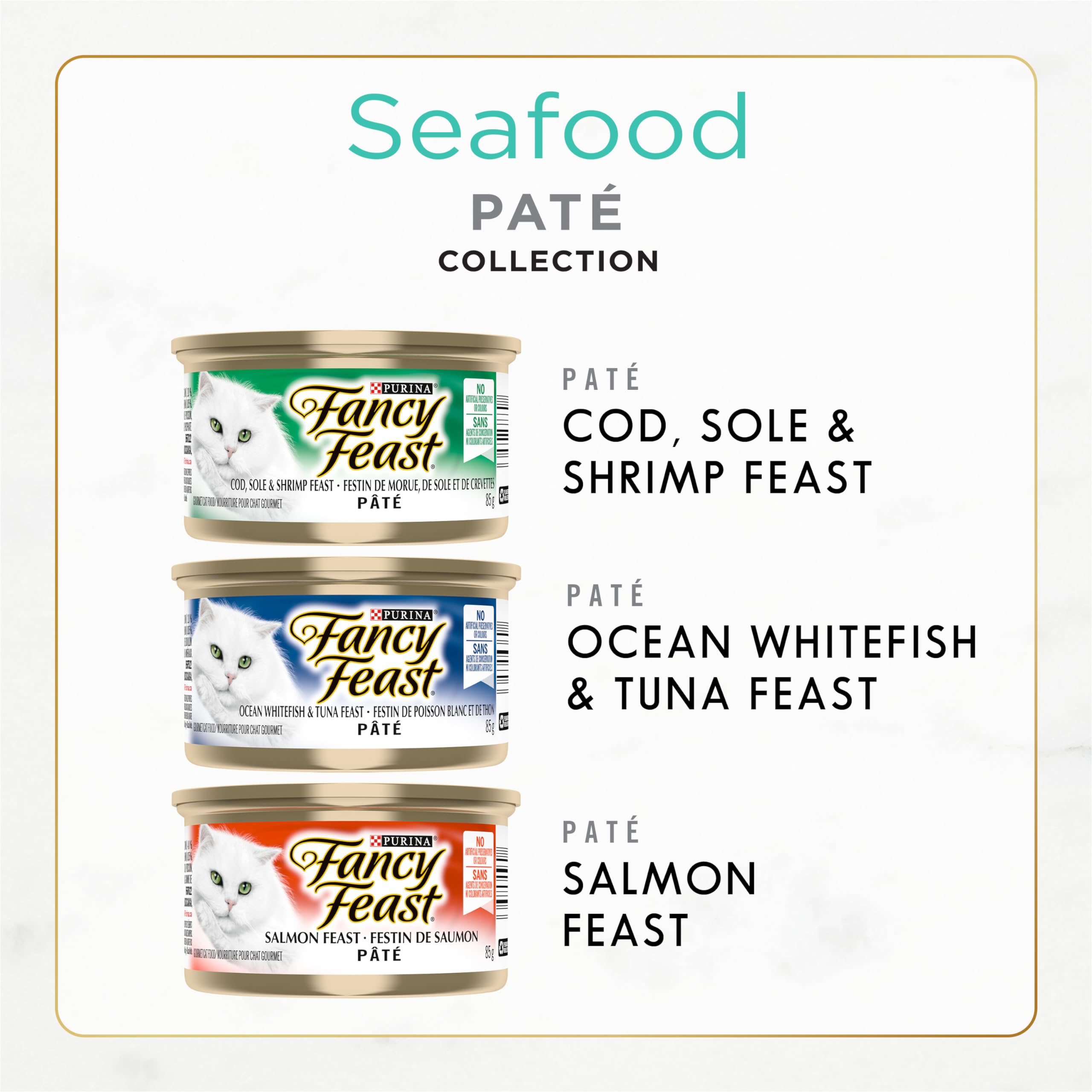 Fancy Feast Seafood Supper Wet Cat Food Pate Variety Pack - 3 Delicious Flavors (Tuna, Salmon, Whitefish) in 85g Cans, 12-Pack for Adult Cats - Perfect for Mealtime, Travel & Special Treats