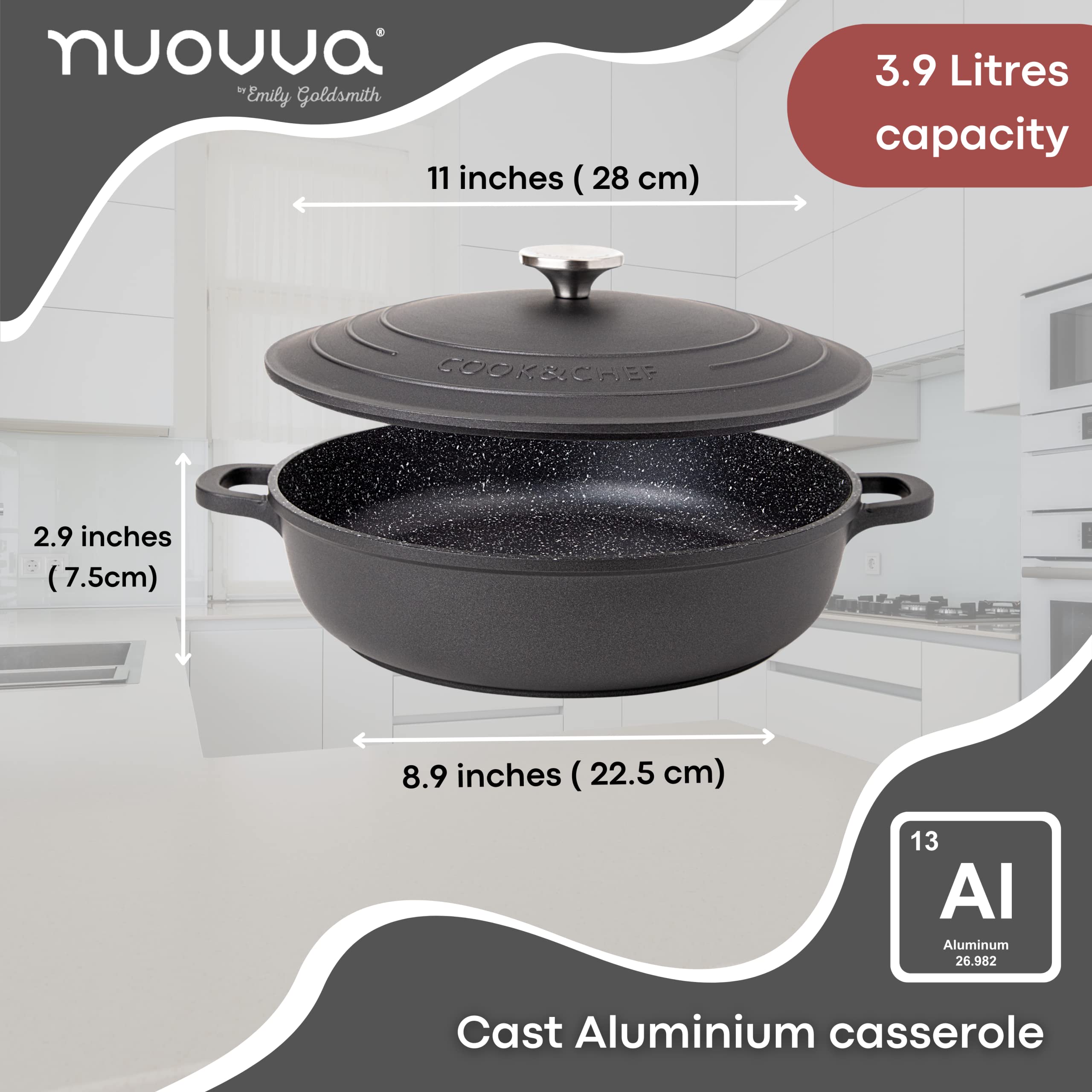 Premium 4-Quart Dutch Oven with Lid - Nonstick Cast Aluminum Cooking Pot for Baking Sourdough Bread, Stews & Roasts - Oven & Stovetop Safe (11 Inch, Black) by Nuovva - Perfect for Camping, Family Dinners & Professional Kitchens