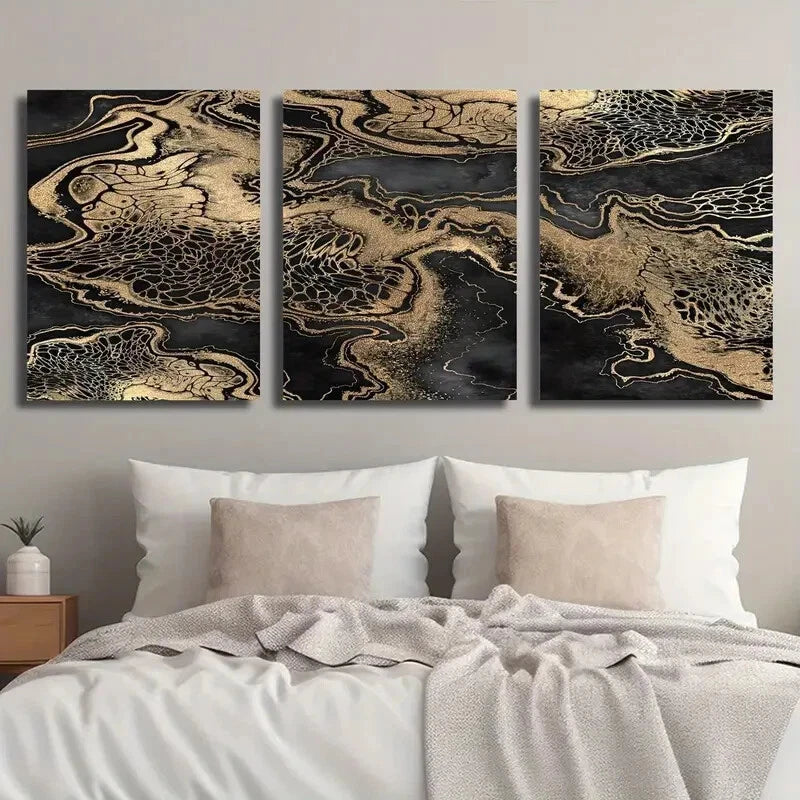 3-Piece Abstract Black and Gold Fluid Art Wall Decor Set - Framed Canvas 40x60cm | High-Quality Print | 100% Australian Made | Ready to Hang | Perfect for Living Room, Bedroom & Office Decor