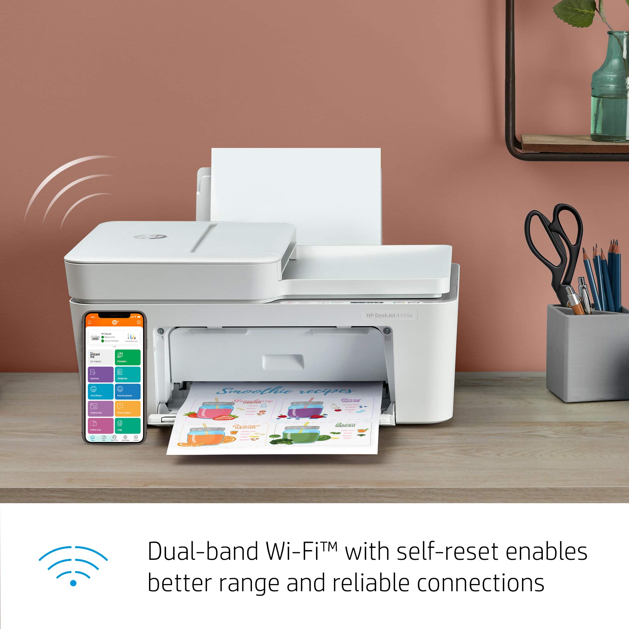HP DeskJet 4155e Wireless Color Inkjet Printer - Print, Scan, Copy | Easy Setup & Mobile Printing | Ideal for Home & Small Office | Includes 3 Months Instant Ink | White | Perfect for Remote Work & Student Projects