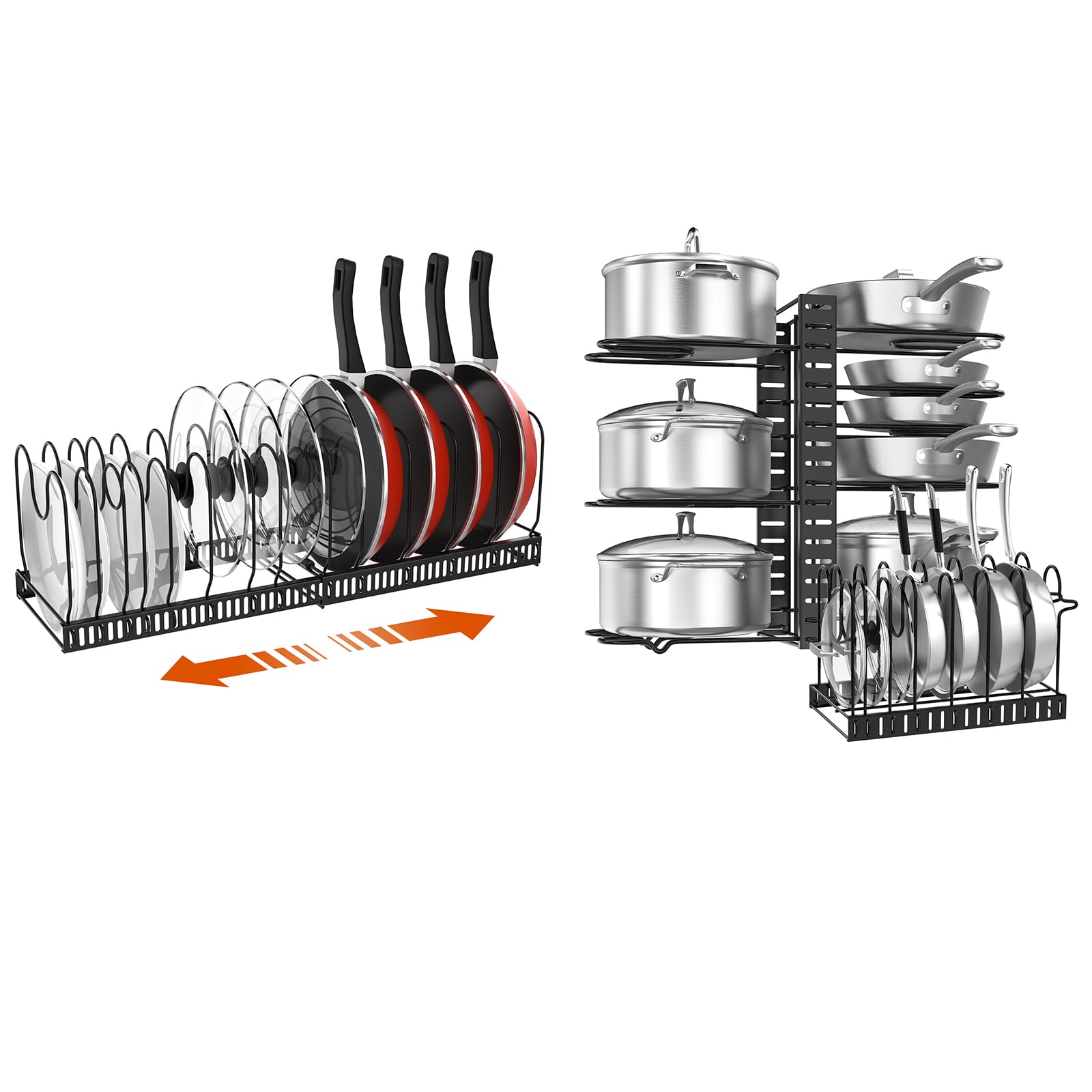 Housolution 14-Slot Pot Lid Organizer & 8-Tier Cookware Rack for Kitchen Cabinet Storage - Space Saving Black Kitchen Organizer for Pots, Pans & Lids - Perfect for Small Kitchens & Closet Organization