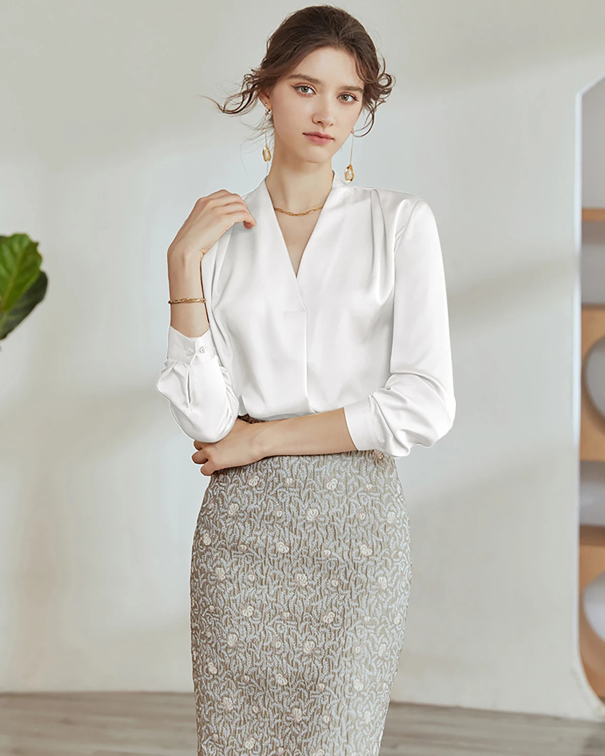 Elegant V-Neck Silk Pleated Blouse for Women - Luxurious Wrinkle-Free Office & Evening Wear - Perfect for Business Meetings, Date Nights & Special Occasions