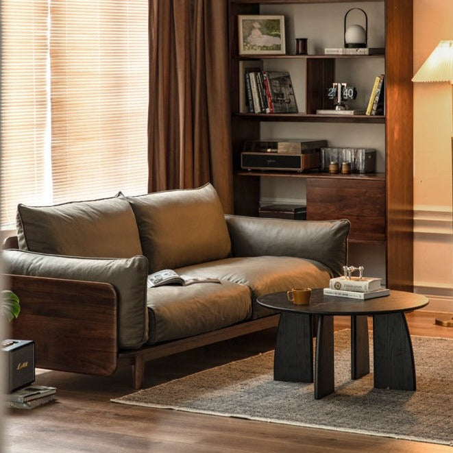 Premium Black Walnut Solid Wood Genuine Leather Sofa - Handcrafted Fabric Sofa for Living Room, Lounge & Office - Modern Comfort Furniture for Home Decor