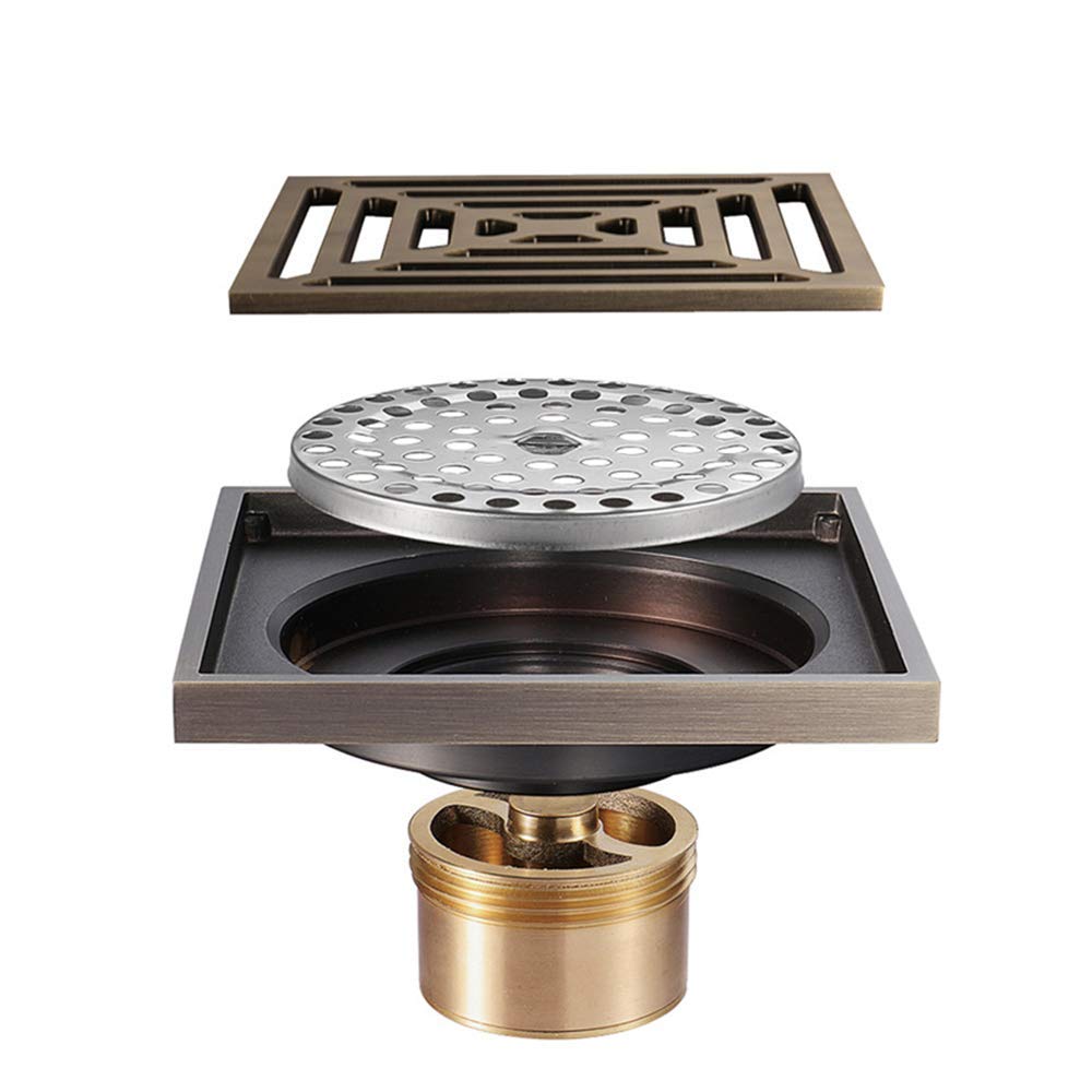 Antique Bronze Shower Drain with Removable Cover Grate - Brass Floor Drain for Bathroom & Shower Waste Drain | Vintage Style Bathroom Fixture for Classic Home Decor