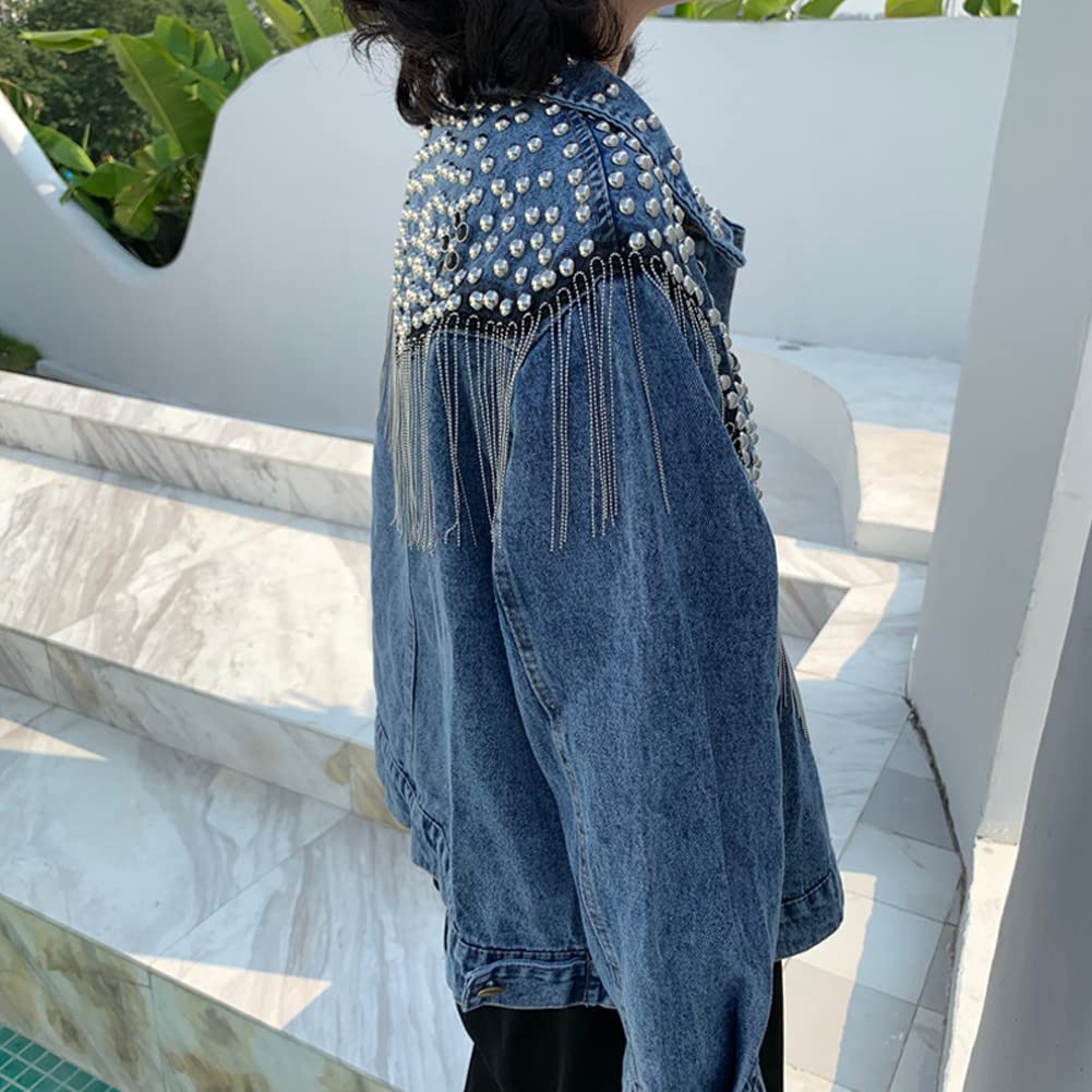 Diffstyle Women's Long Sleeve Embroidered Crystal Washed Denim Jacket - Open Front Short Jean Coat for Casual Outfits & Spring Layering